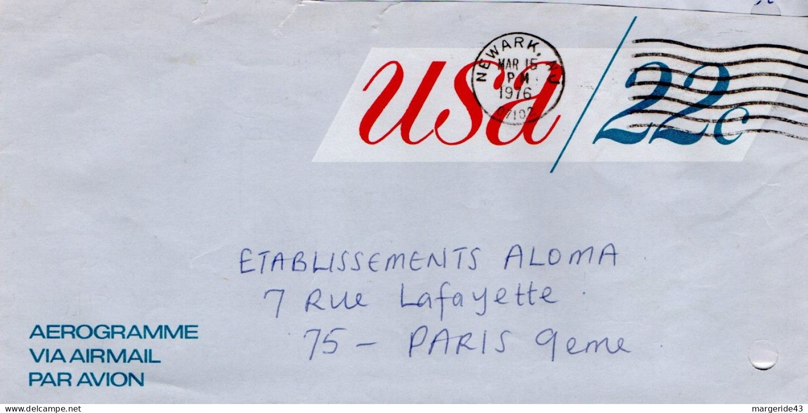 USA ETATS UNIS AEROGRAMME POUR LA FRANCE 1976 - Cartas & Documentos