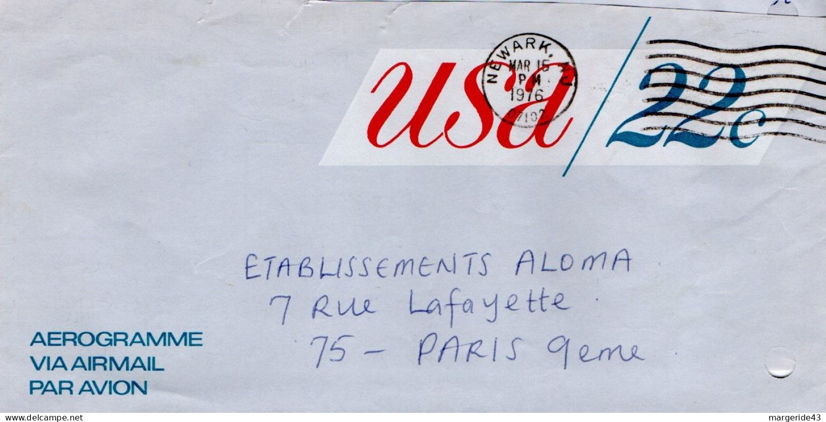 USA ETATS UNIS AEROGRAMME POUR LA FRANCE 1976 - Covers & Documents