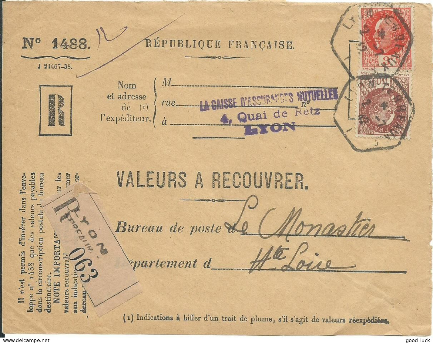 FRANCE LETTRE RECOMMANDE VALEURS A RECOUVRER 4F50 LYON POUR MONASTIER ( HAUTE LOIRE ) DE 1942 LETTRE COVER - 1941-42 Pétain