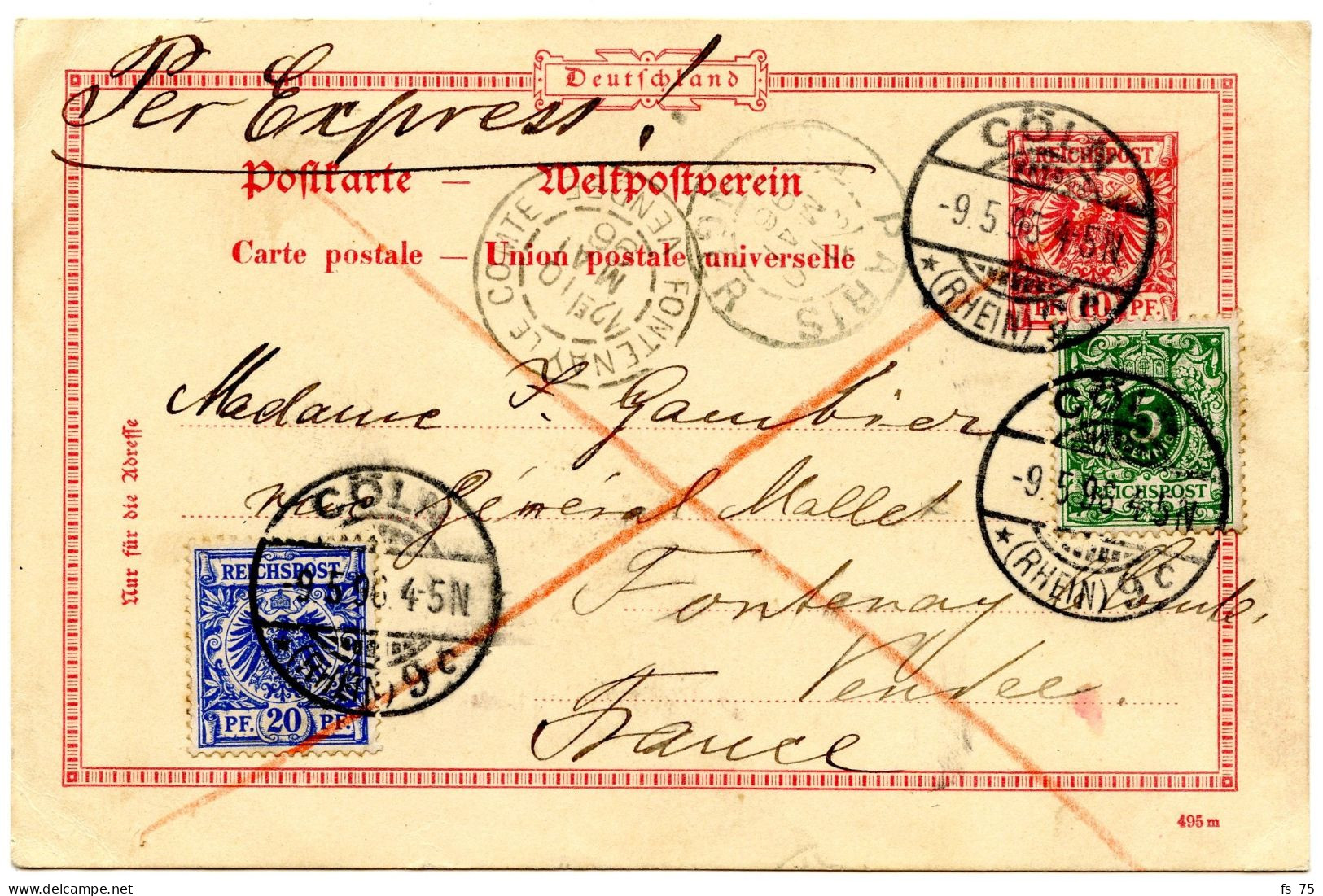 ALLEMAGNE - EMPIRE - 5 PF + 20 PF SUR ENTIER 10 PF PAR EXPRES DE COLOGNE POUR LA FRANCE, 1896 - Lettres & Documents