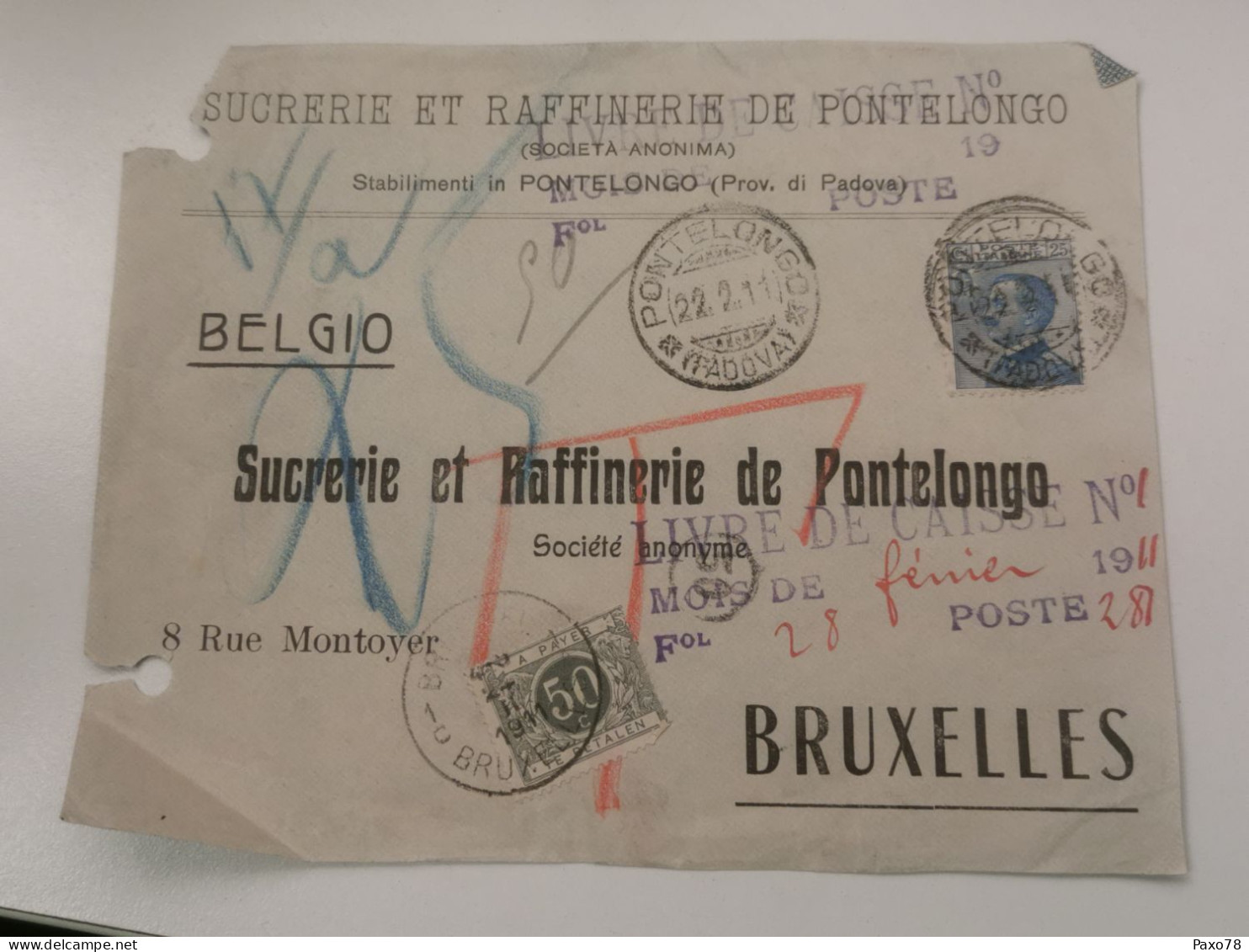 Avant Lettre, Sucrerie Raffinerie De Pontelongo 1911 Avec Timbre Taxe - Taxe