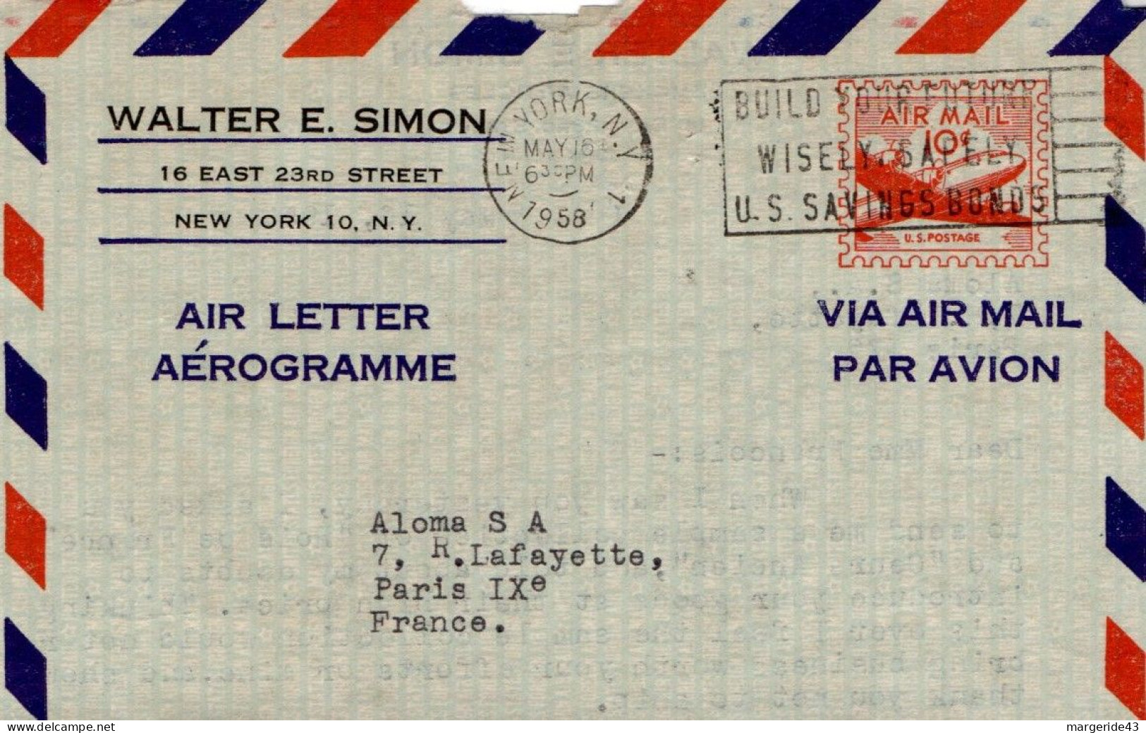 USA ETATS UNIS AEROGRAMME POUR LA FRANCE 1958 - Storia Postale