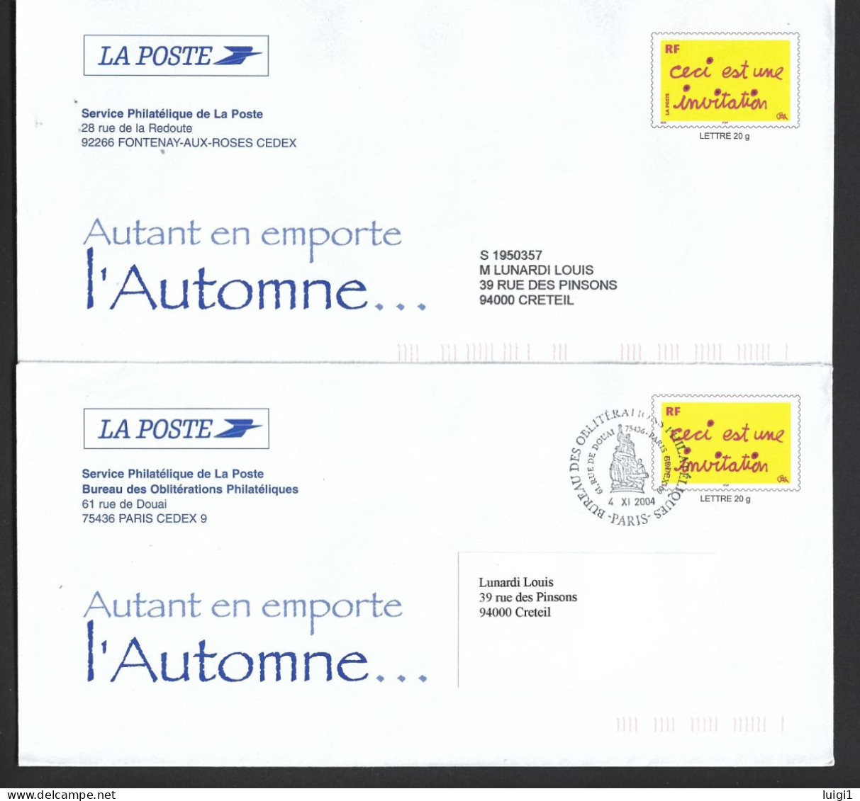 FRANCE 2004. PAP Y&T Type (n°3636) - " Ceci Est Une Invitation " Sur 2 Enveloppes LA POSTE -  Service Philatélique. - Pseudo-interi Di Produzione Ufficiale
