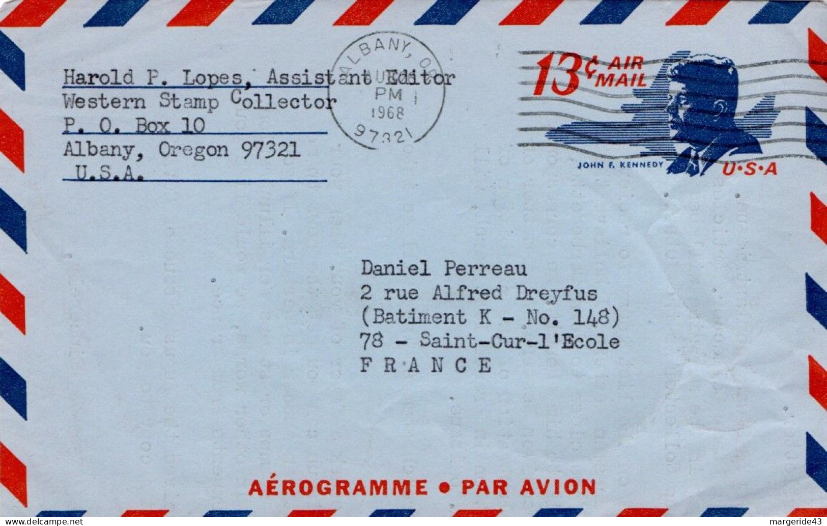 USA ETATS UNIS AEROGRAMME POUR LA FRANCE 1968 - Storia Postale