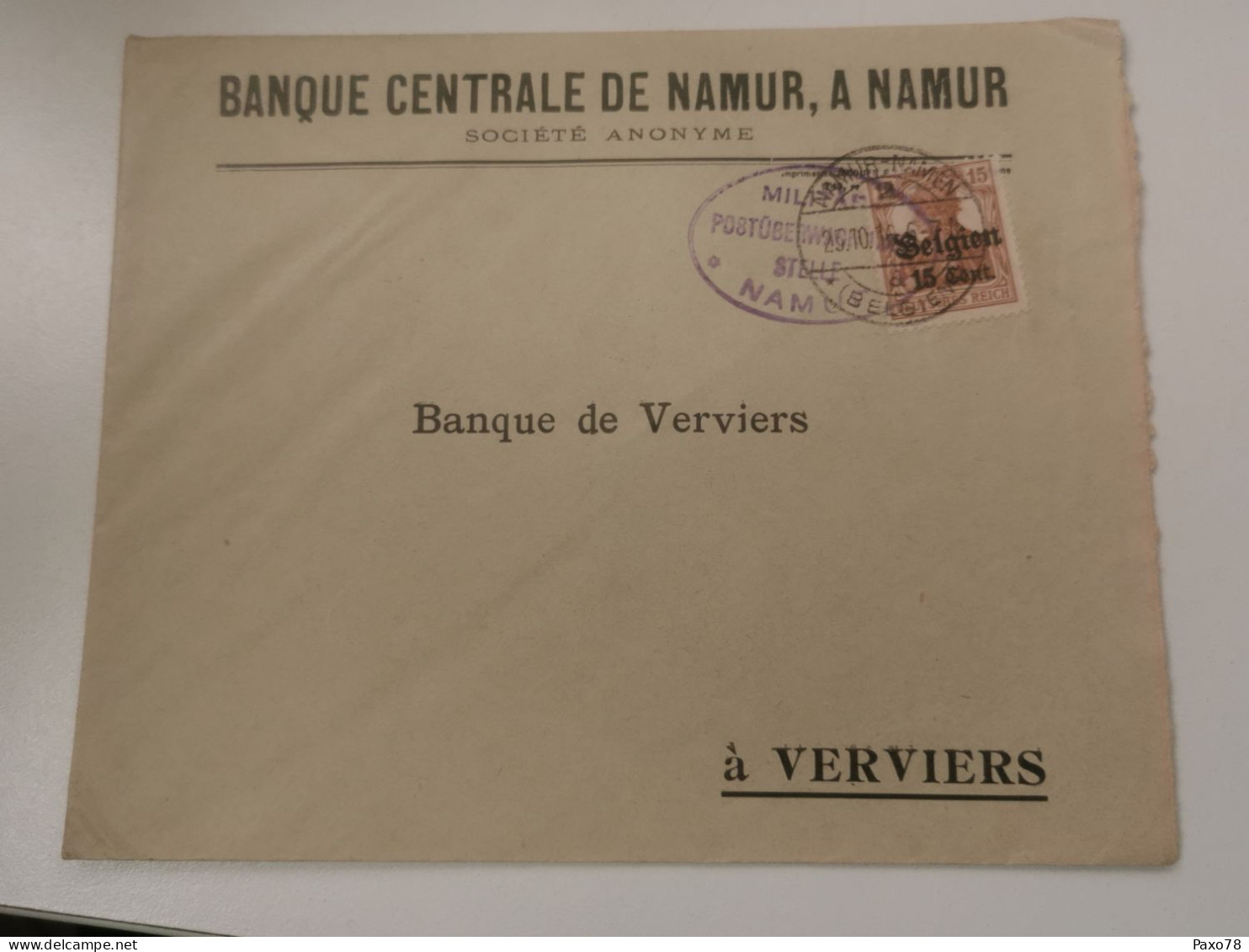 Enveloppe, Banque Centrale De Namur, Oblitéré WW1 - Zone Non Occupée
