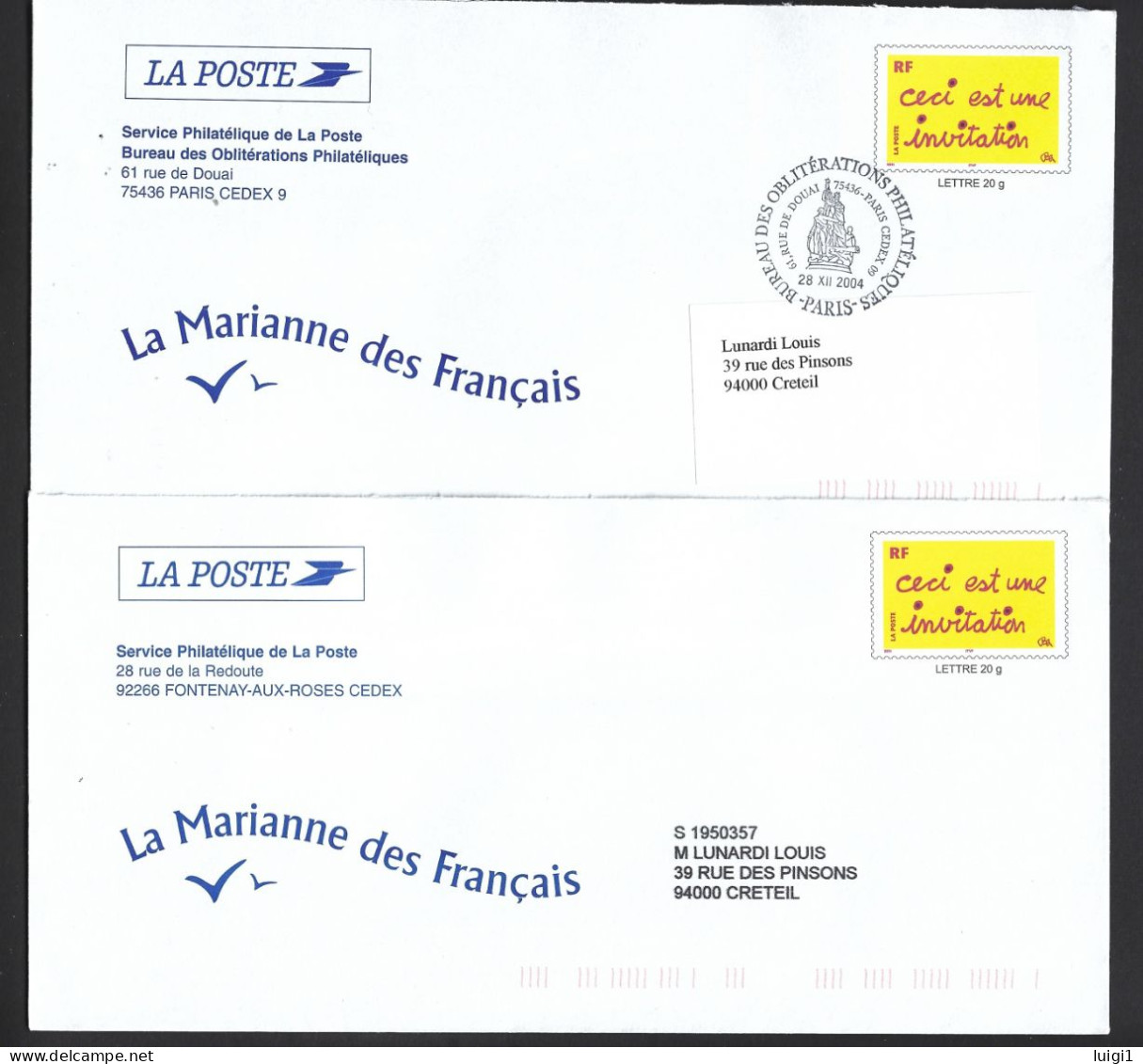 FRANCE 2004. PAP Y&T Type (n°3636) - " Ceci Est Une Invitation " Sur 2 Enveloppes LA POSTE -  Service Philatélique. - Pseudo-officiële  Postwaardestukken