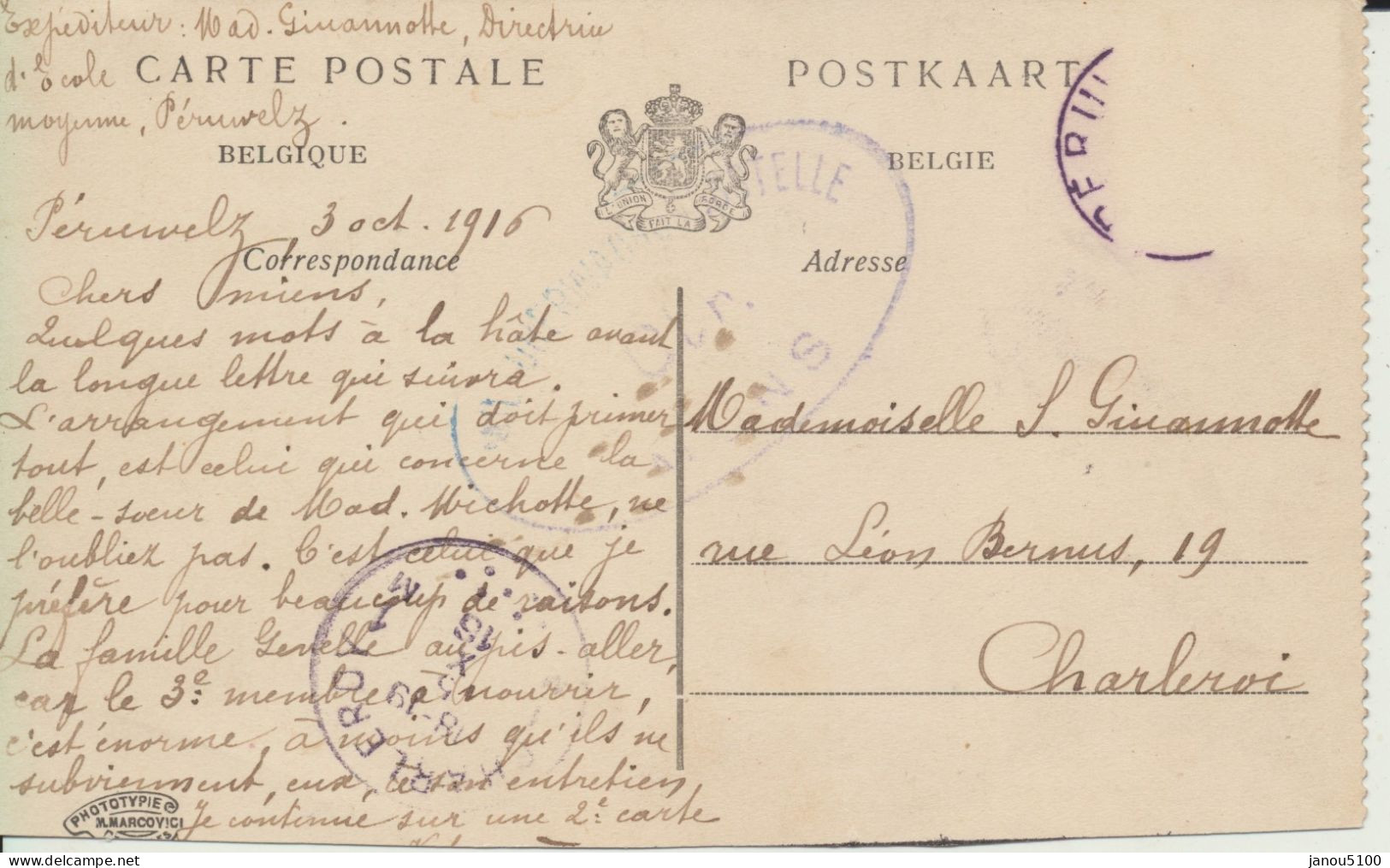 CARTES POSTALES    " BUREAU DE LA DIRECTICE DE L'ECOLE MOYENNE POUR JEUNES FILLES DE PERUWELZ  "   1916. - Schulen