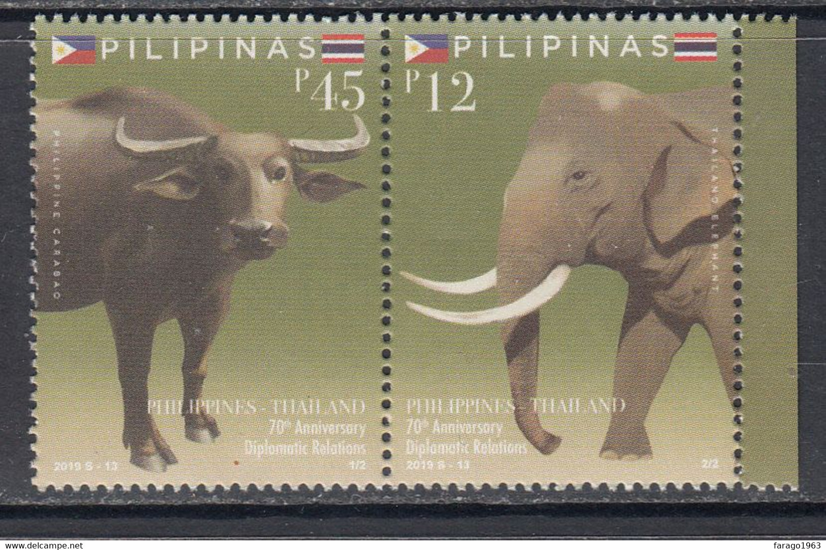 2019 Philippines Thailand Elephants Buffalo JOINT ISSUE Complete Pair MNH - Filipinas