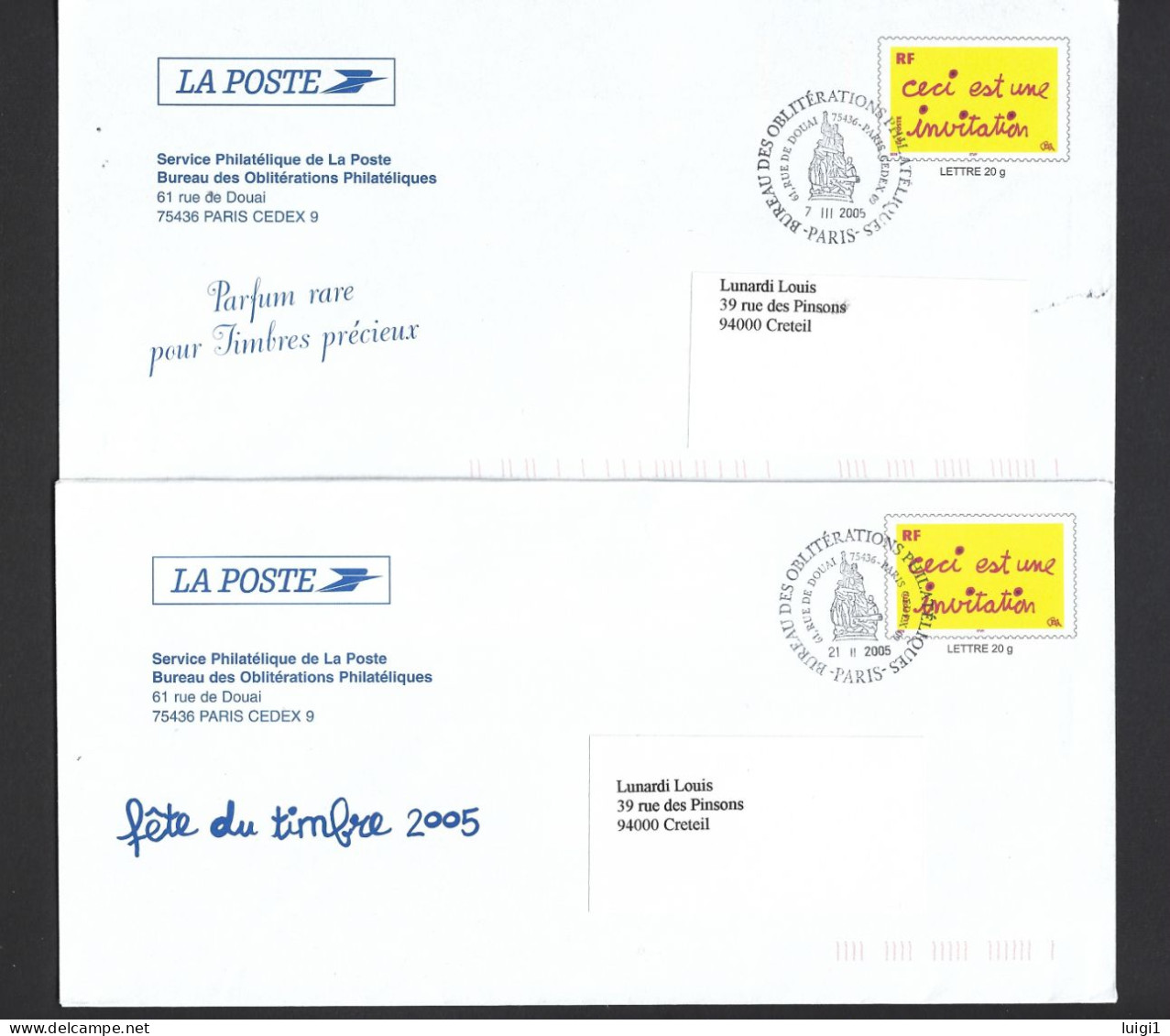 FRANCE 2005. PAP Y&T Type (n°3636) - " Ceci Est Une Invitation " Sur 2 Enveloppes LA POSTE -  Service Philatélique. - Pseudo-interi Di Produzione Ufficiale