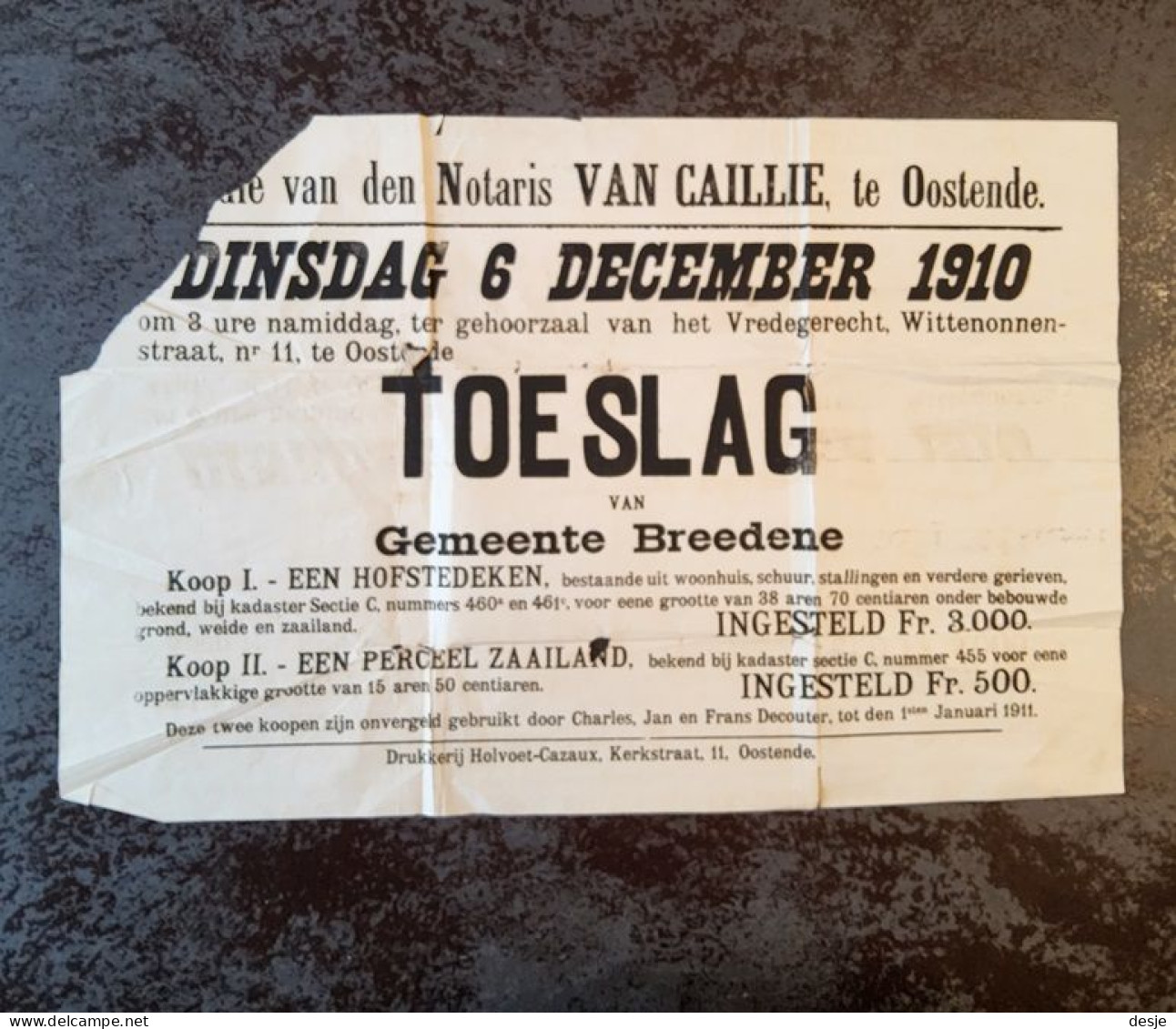 Bredene Affiche Toeslag Van Verkoop Hofstedeken Met Zaailand 6 December 1910 - Antiquariat
