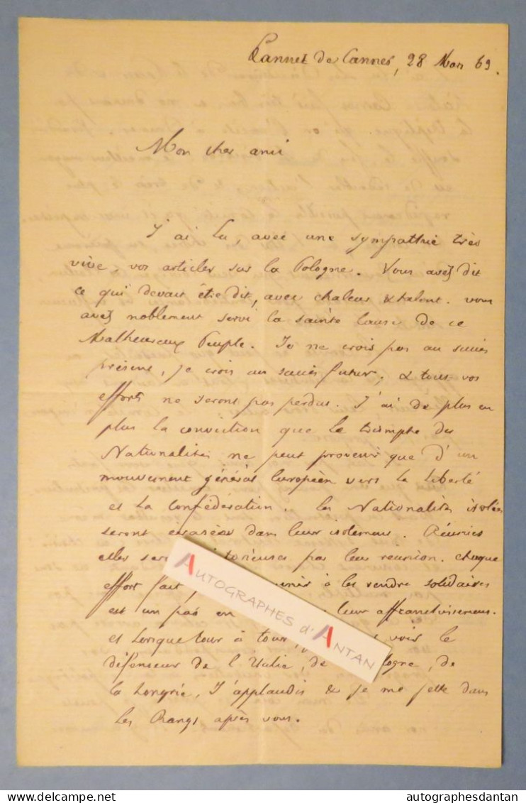 ● L.A.S 1869 Louis Antoine GARNIER PAGES Cannet / Cannes - Pologne Italie Reynaud Fut Maire De Paris Né Marseille Lettre - Político Y Militar