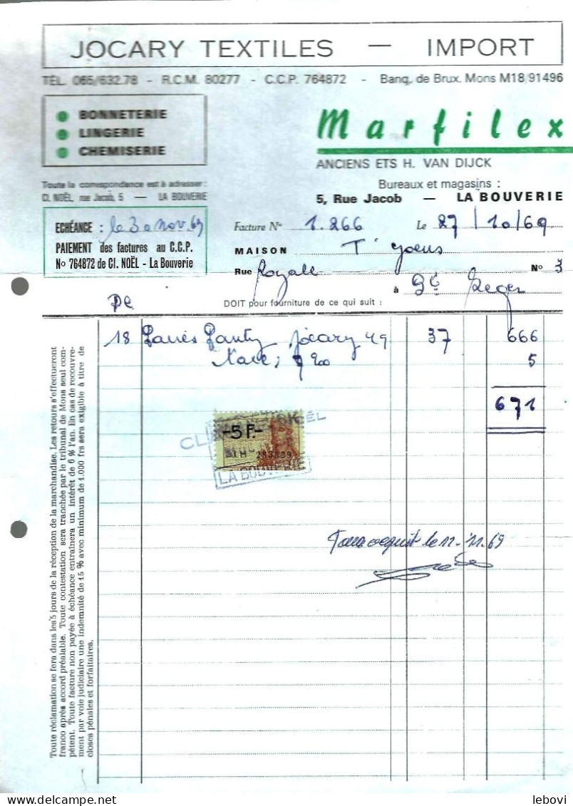 LA BOUVERIE – Facture MARFILEX – Articles Textiles - Import (1968) Avec Timbre Fiscal - 1950 - ...