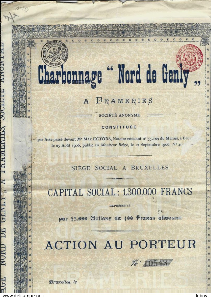 Charbonnage « NORD DE GENLY à FRAMERIES » - Action Au Porteur De 100 Francs - Mines