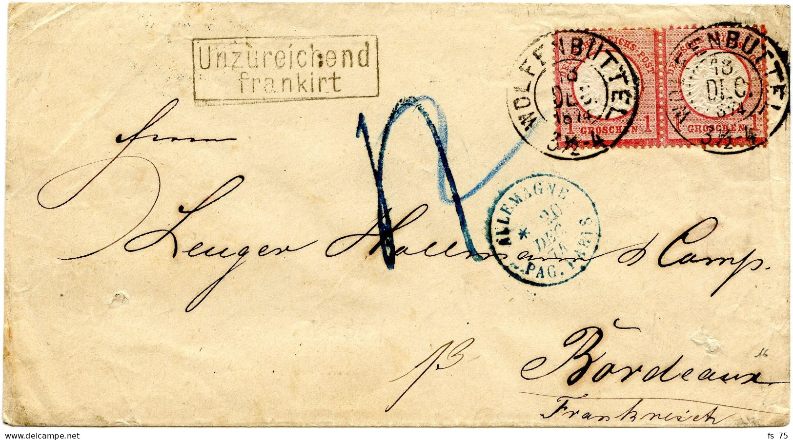 ALLEMAGNE - EMPIRE - 1 G. X2 SUR LETTRE TAXEE DE WOLFENBUTTEL POUR LA FRANCE, 1874 - Storia Postale