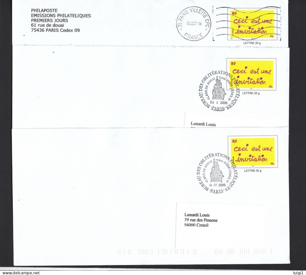 FRANCE 2005/07. PAP Y&T Type (n°3636) - " Ceci Est Une Invitation " Sur 3 Enveloppes LA POSTE -  Service Philatélique. - Pseudo-interi Di Produzione Ufficiale