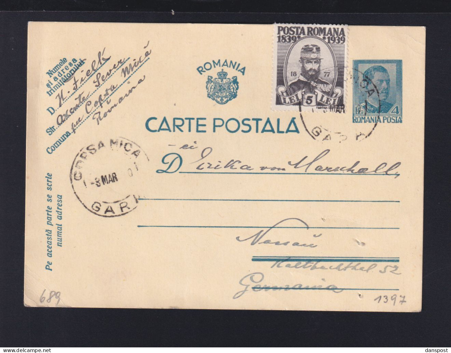 Rumänien Romania GSK Mit ZuF 1940 Copsa Mica Nach Deutschland - Storia Postale