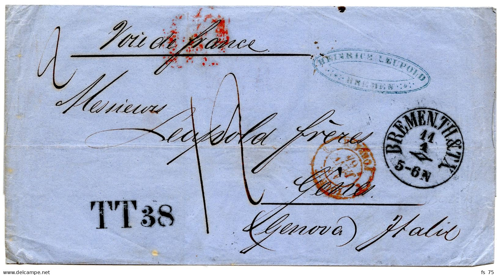 ALLEMAGNE - BREMEN.TH. & TX. + TT 38 SUR LETTRE PAR LA VOIE FRANCAISE POUR GENES, 1864 - Prefilatelia