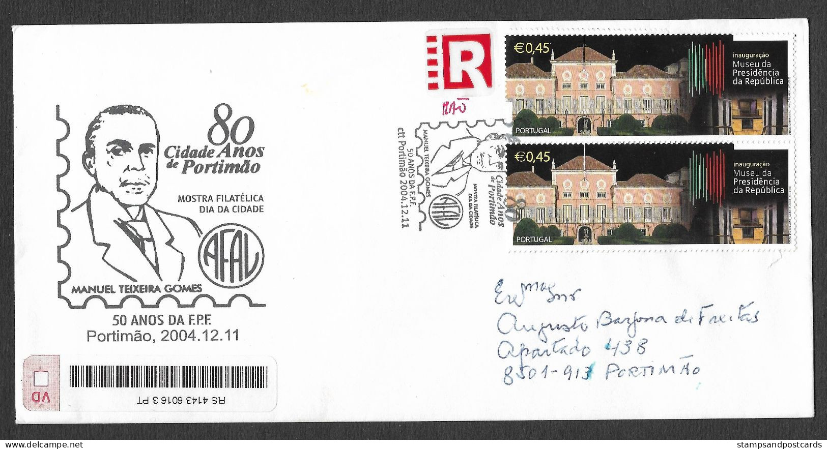 Portugal Lettre Recommandée 2004 Cachet Commemoratif Teixeira Gomes Portimão Algarve Event Pmk Registered Cover - Postembleem & Poststempel