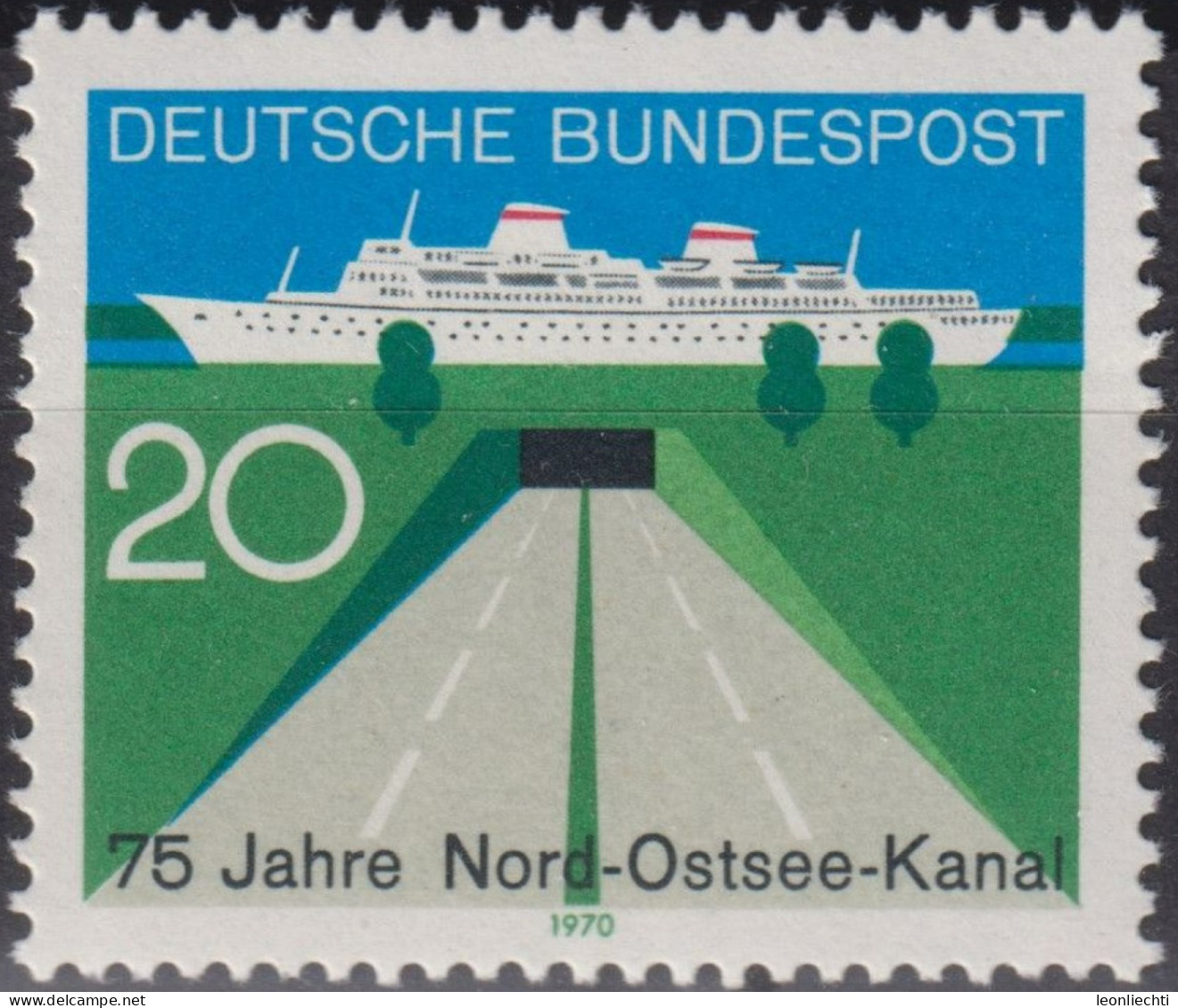 1970 BRD, ** Mi:DE 628, Sn:DE 1021, Yt:DE 493, Schiff Auf Kanal, 75 Jahre Nord-Ostsee-Kanal - Altri (Terra)