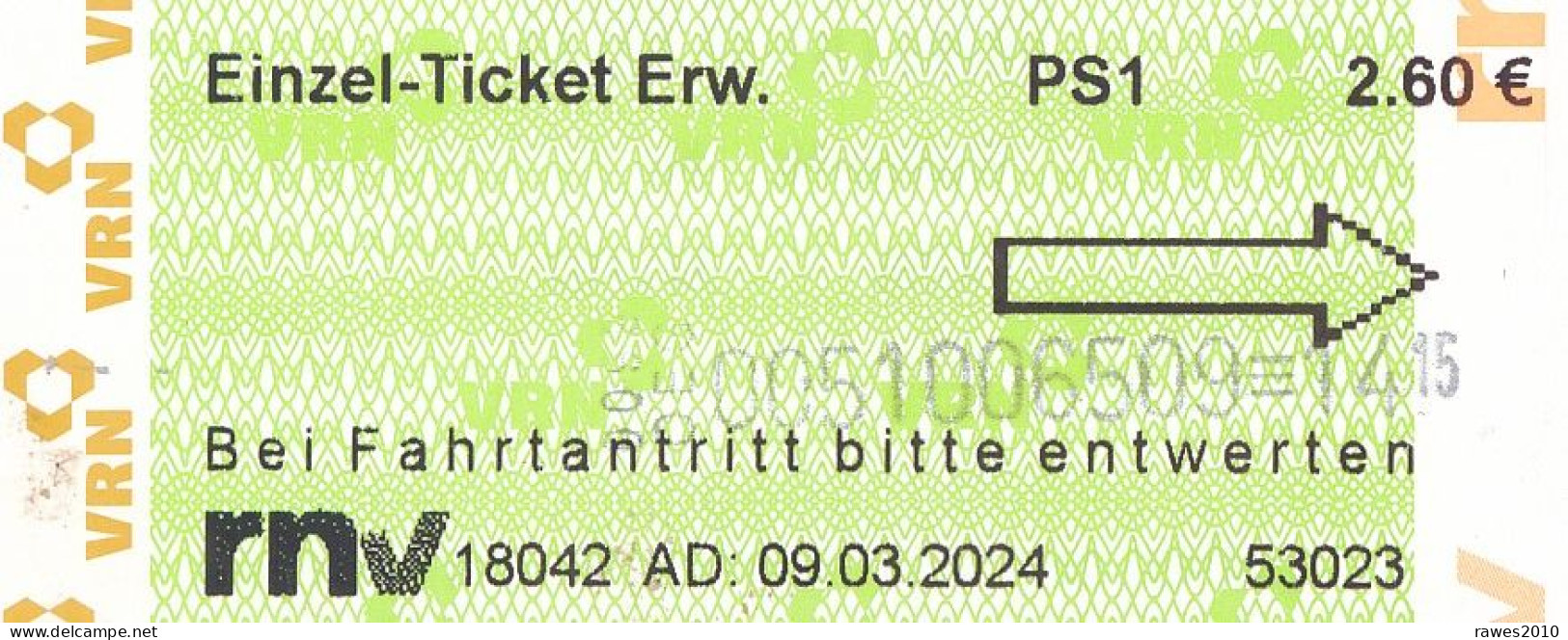 BRD Mannheim 2024 RNV - Fahrschein Eintel-Ticket Erw. Strassenbahn - Europa