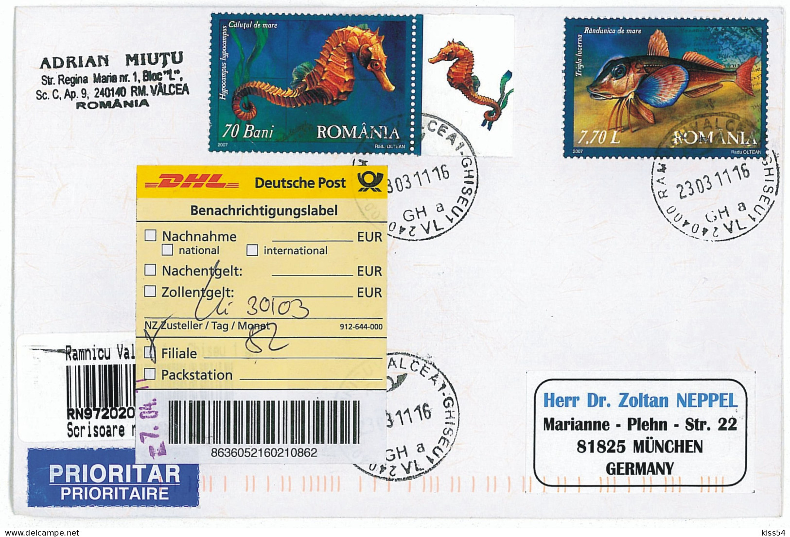 NCP 13 - 72020-a FISHES, Romania - INTERNATIONAL Registered, Stamp With TABS - 2011 - Lettres & Documents