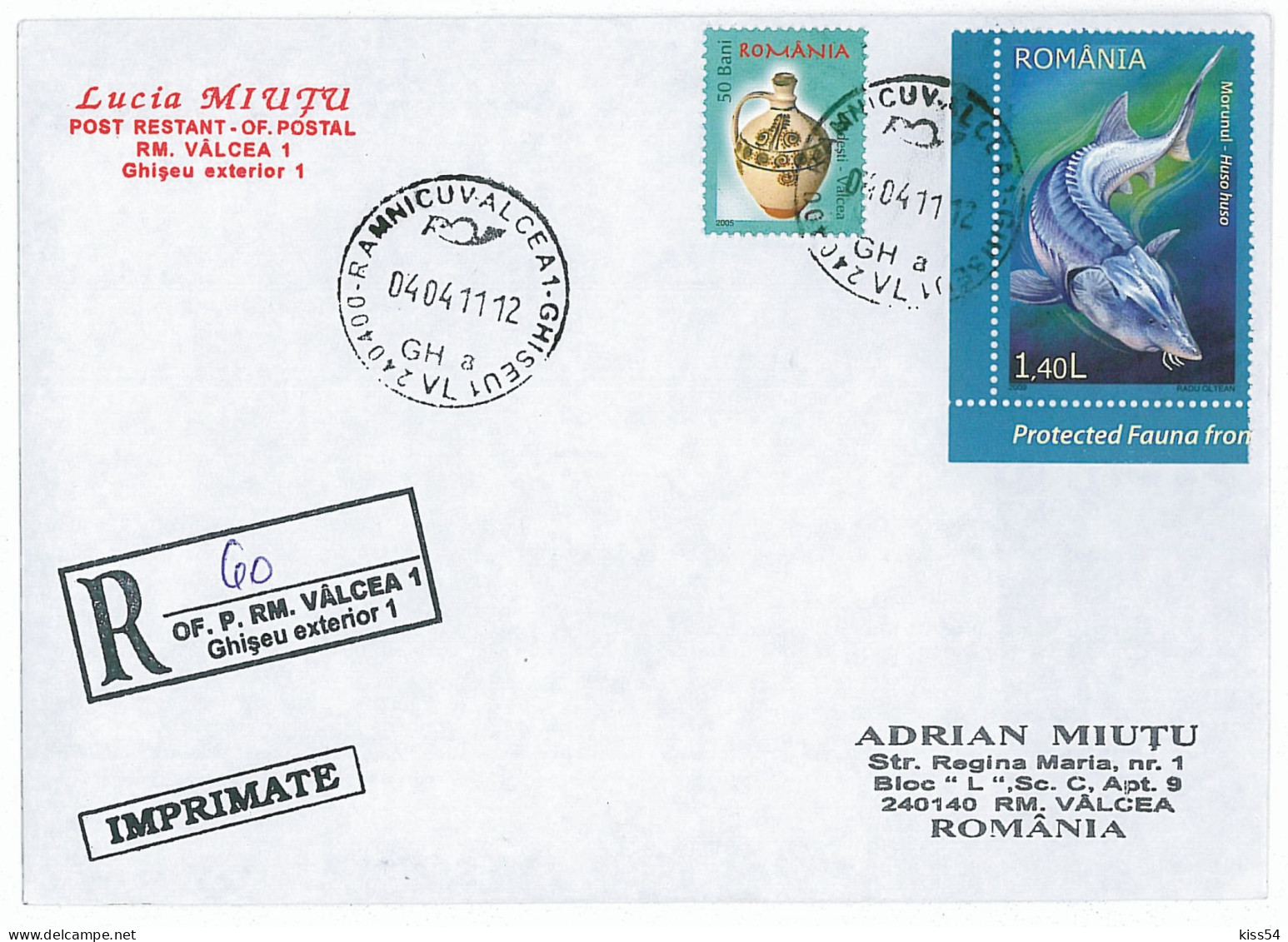 NCP 13 - 60-a FISHES, Sturgeon ( Huso Huso ), Romania - Registered - 2011 - Storia Postale