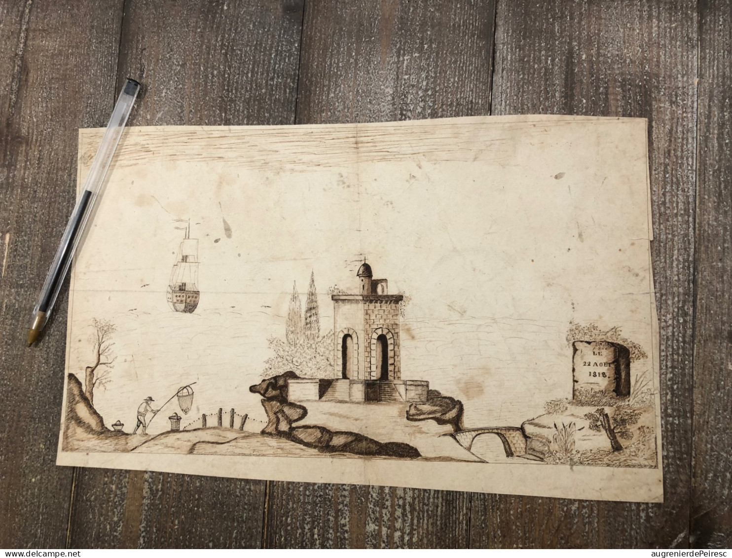 Petit Dessin à L’encre Vue Maritime 1818 - Zeichnungen