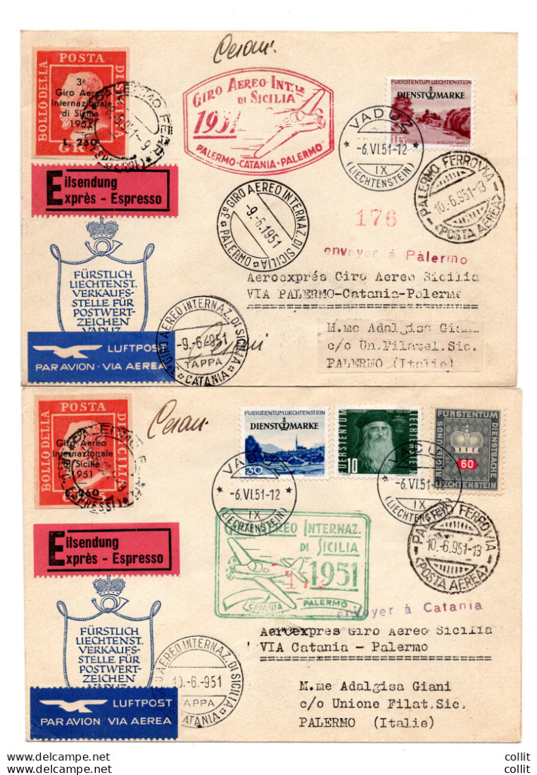 3° Giro Aereo Di Sicilia Del 9.6.51 (Liechtenstein) - Due Aerogrammi - Airmail