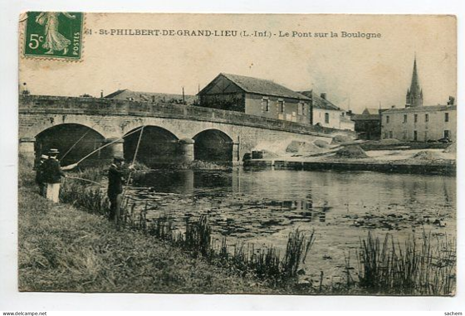 44 DEP 367 ST SAINT PHILBERT De GRAND LIEU Pecheurs à La Ligne Pont Sur La Boulogne 1908 écrite Timb - Saint-Philbert-de-Grand-Lieu