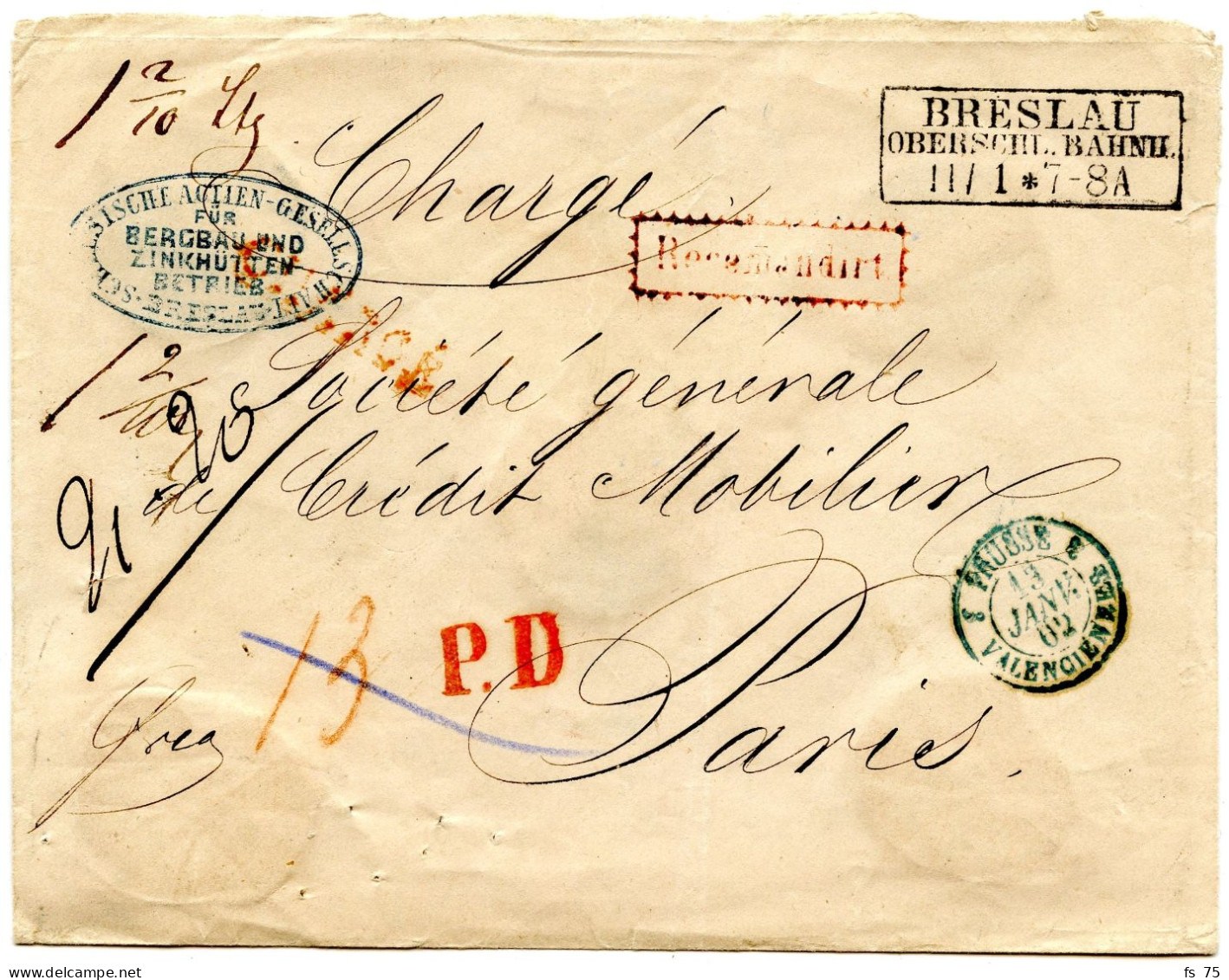 ALLEMAGNE - BRESLAU + RECOMANDIRT + CHARGE SUR LETTRE POUR PARIS, 1862 - Prephilately