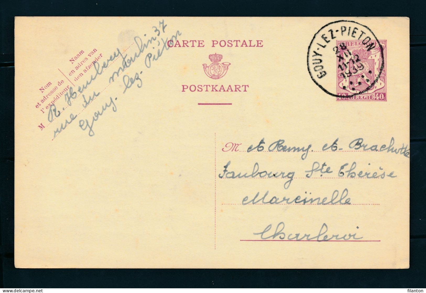 PWS - Cachet "GOUY-LEZ-PIETON" Dd. 28-12-1939 - (ref.1740) - Briefkaarten 1934-1951