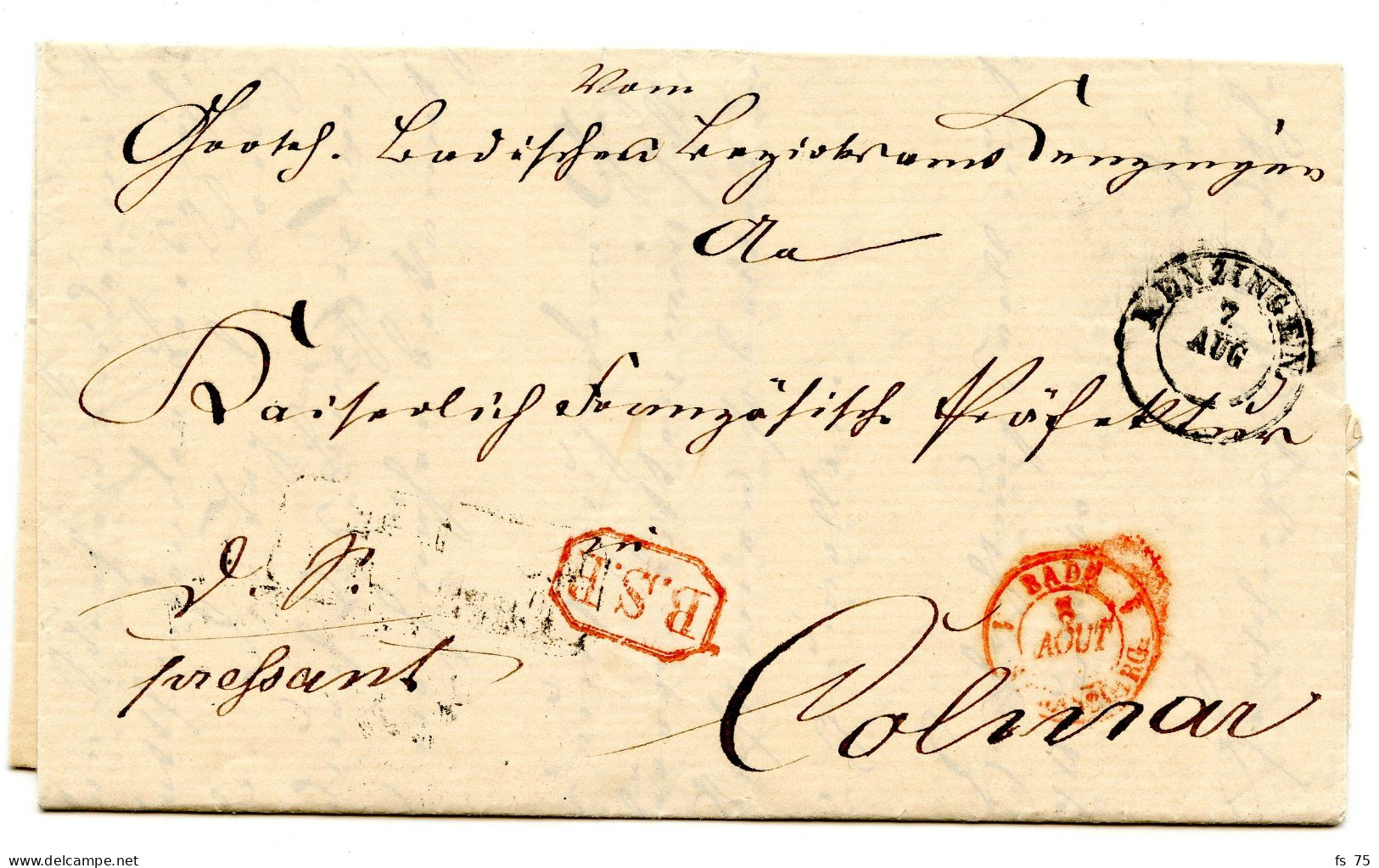 ALLEMAGNE - B.S.P. (BADE SERVICE PUBLIC) SUR LETTRE EN FRANCHISE DE KENZINGEN POUR  COLMAR, 1860 - Prephilately