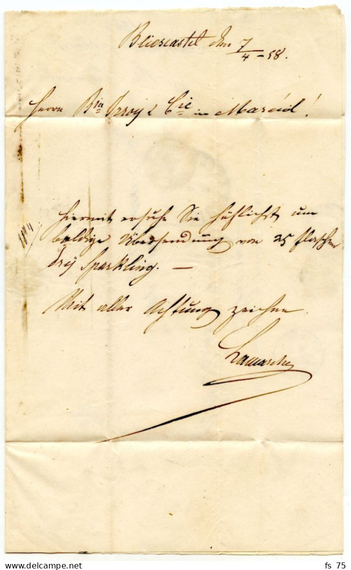 ALLEMAGNE - BLIESKASTEL + DEP. LIM. + TAXE 3, 1858 - Préphilatélie