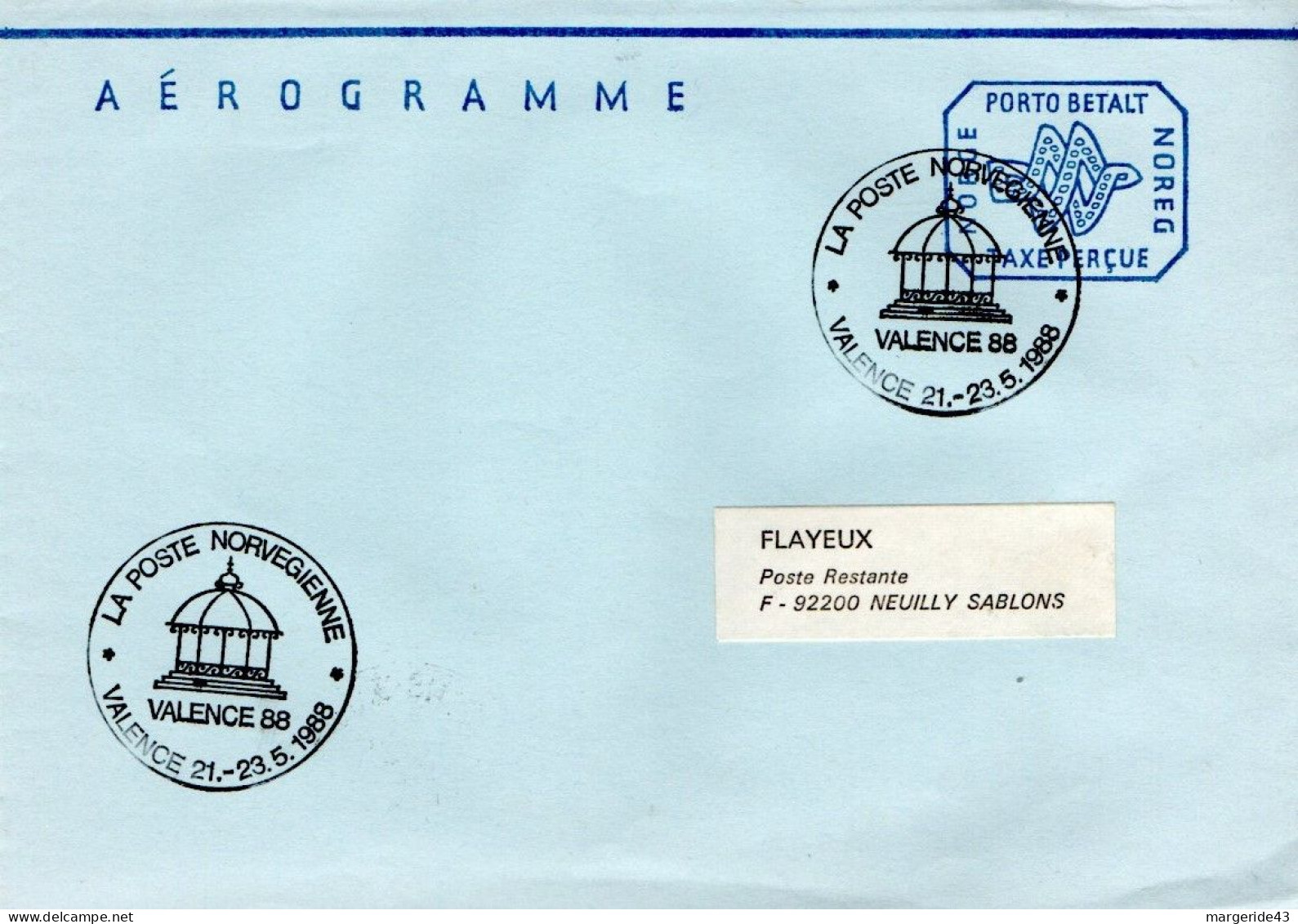 NORVEGE  AEROGRAMME LA POSTE NORVEGIENNE PRESENTE A EXPO VALENCE 88 - Postal Stationery