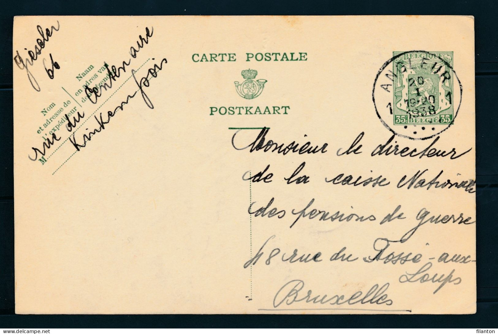 PWS - Cachet "ANGLEUR 1" Dd. 20-01-1938 - (ref.1744) - Cartoline 1934-1951