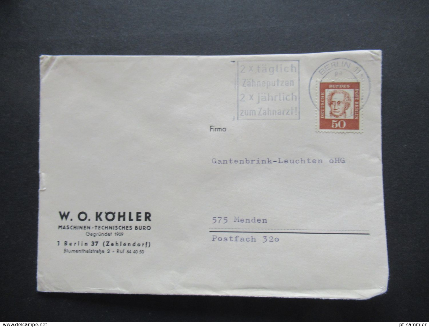 Berlin (West) Bedeutende Deutsche Nr.208 EF Umschlag W.O. Köhler Maschinen Technisches Büro Berlin 37 Zehlendorf - Storia Postale