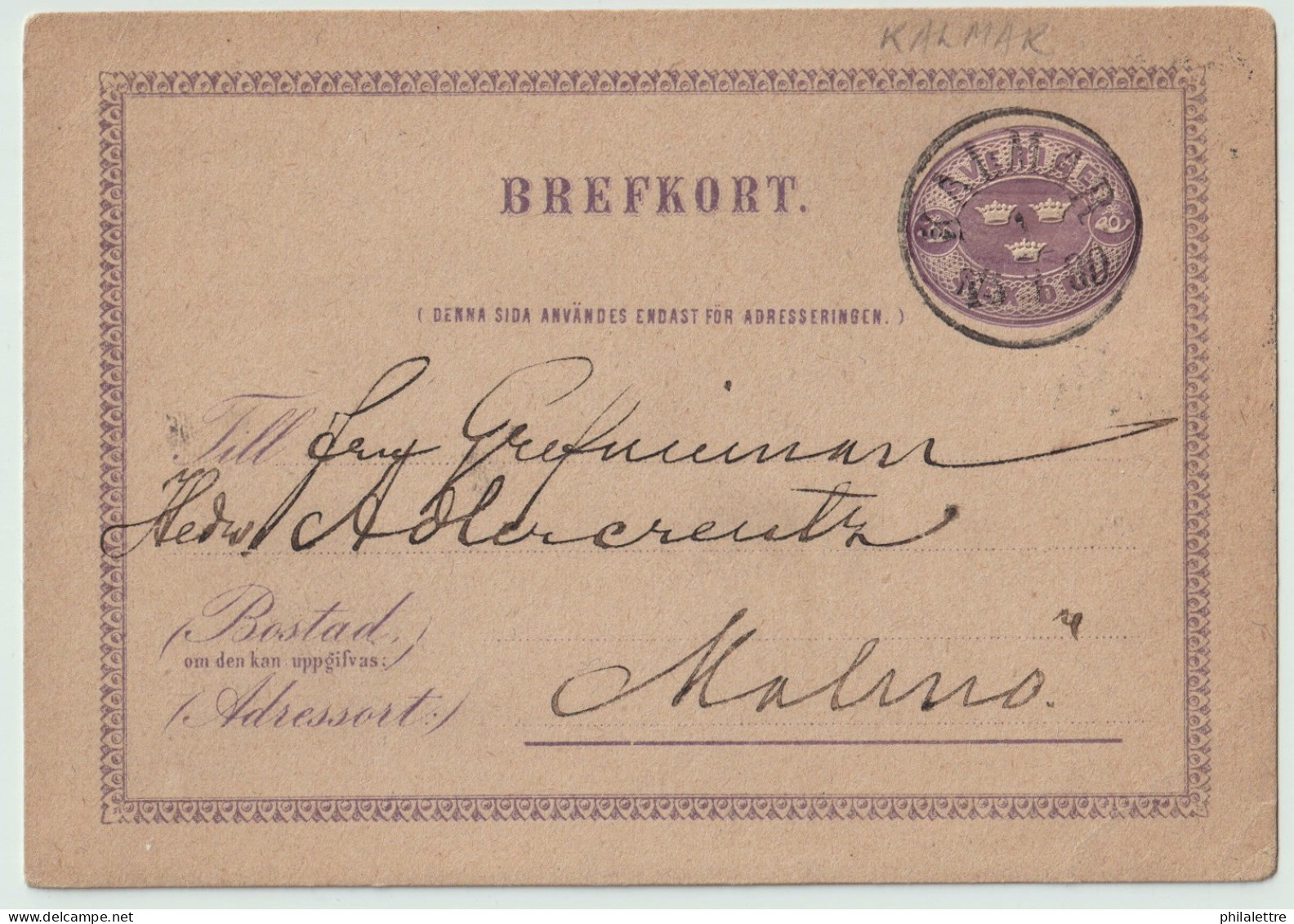 SUÈDE / SWEDEN - 1880 - "KALMAR" CDS On 6ö Postal Card Mi.P1.C.II Addressed To Malmö - Storia Postale