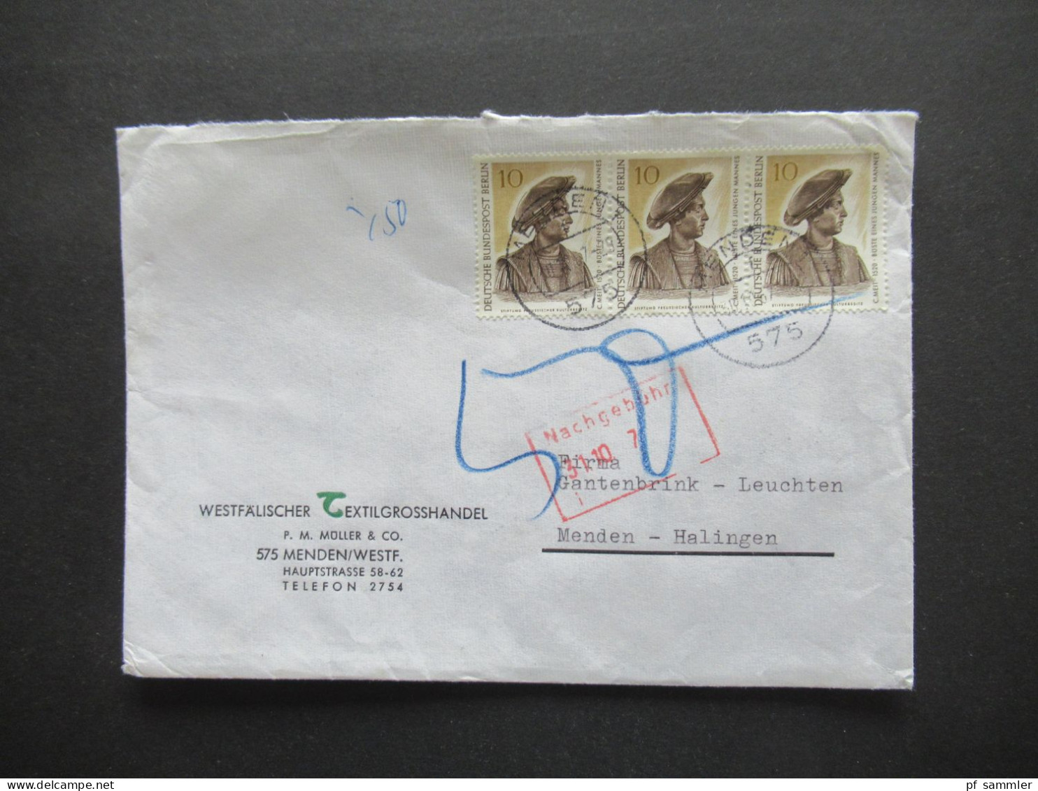 Berlin (West) 1967 Mi.Nr.303 (3) MeF Mit Nachporto / Stempel Und Blaustift! Umschlag Westfälischer Textilgrosshandel - Storia Postale