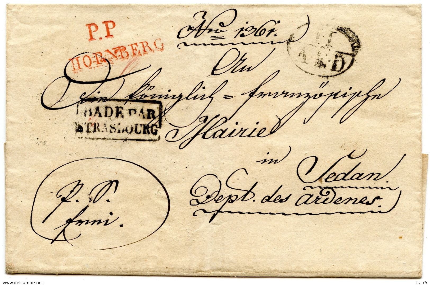 ALLEMAGNE - P.P. HORNBERG + 11 / A.E.D. + BADE PAR STRASBOURG SUR LETTRE SANS CORRESPONDANCE, 1830 - Préphilatélie