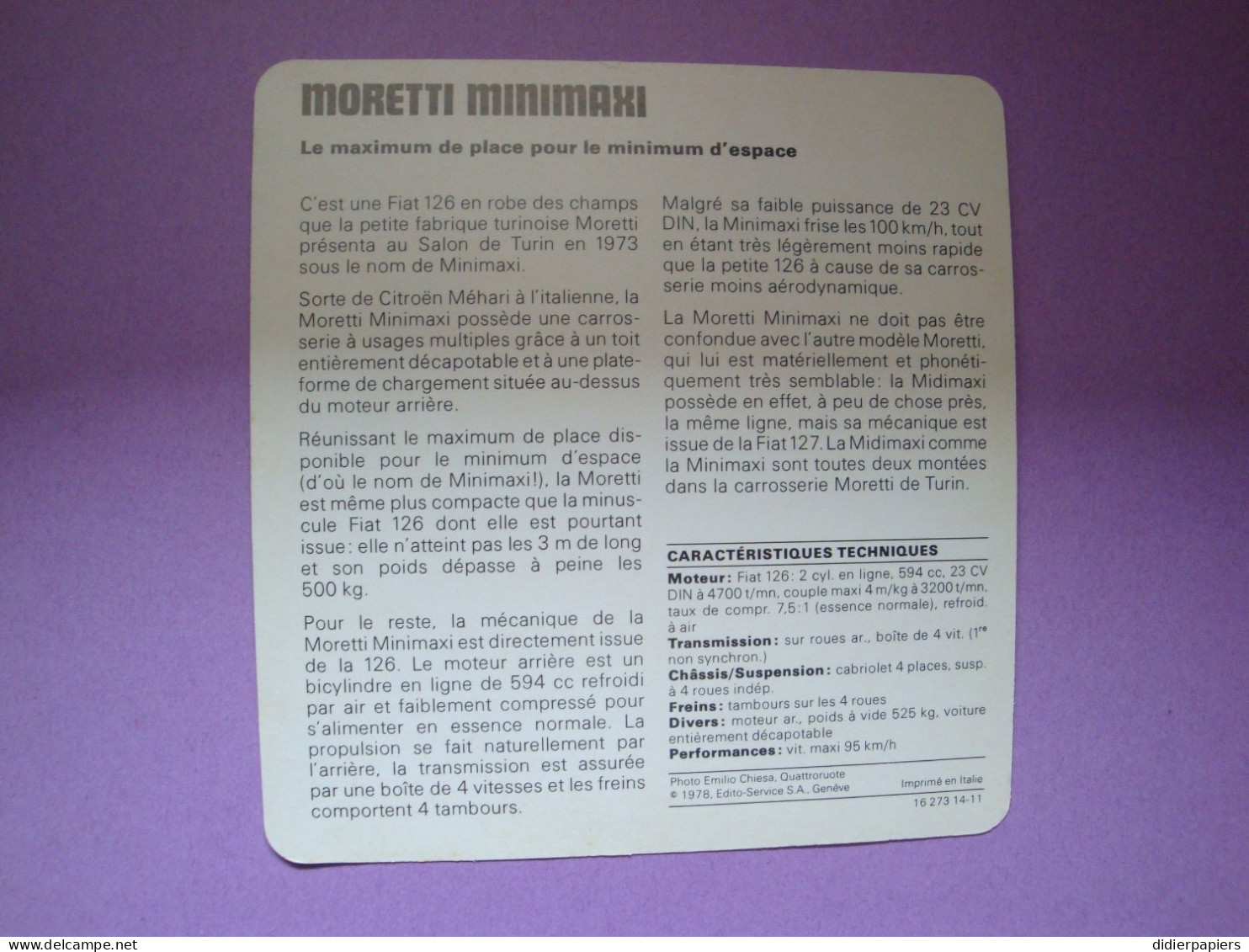 Automobilia Fiche Auto-Rallye 1978 Moretti Minimaxi Italie - Voitures