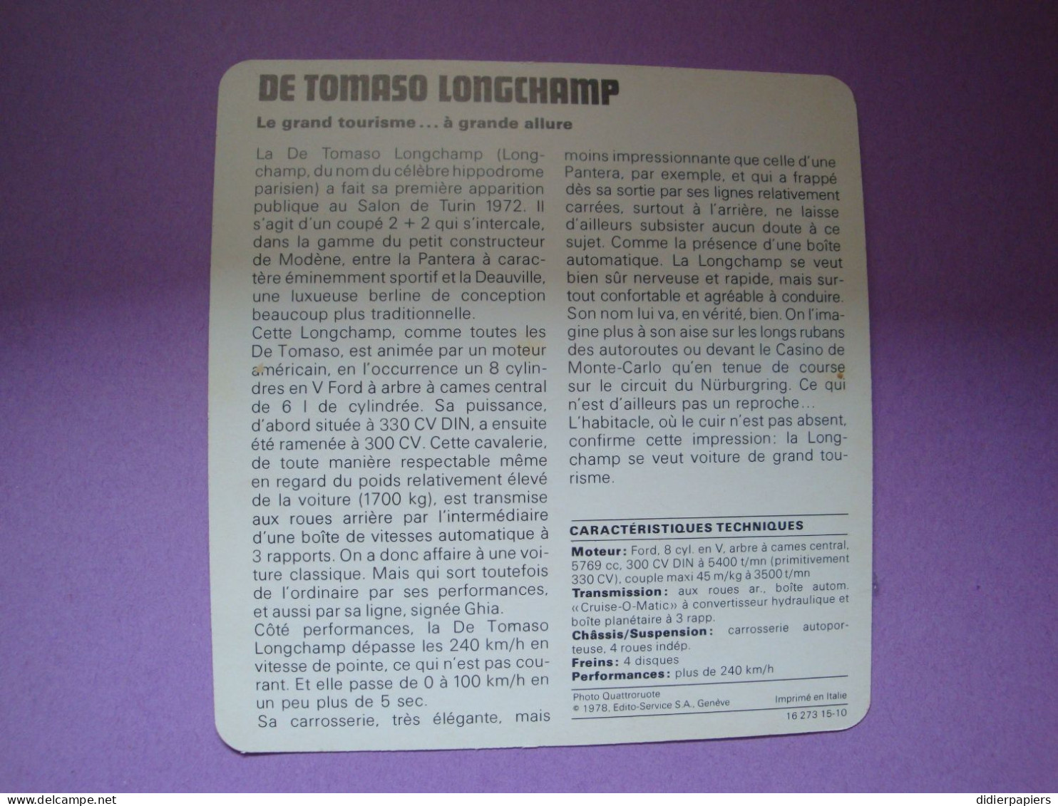 Automobilia Fiche Auto-Rallye 1977 De Tomaso Longchamp Italie - Autos