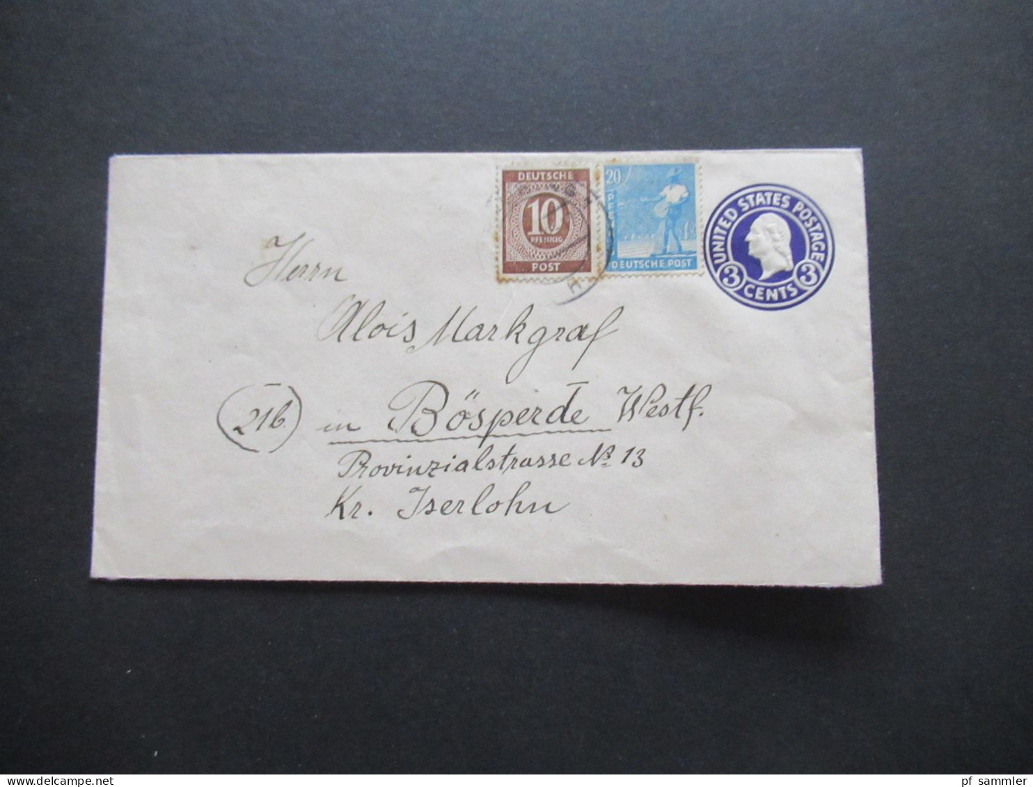 Kontrollrat 1946 Ziffer / Arbeiter MiF Auf Einem USA Ganzsachen Umschlag Abs. Aus Straubing Bayern - Storia Postale