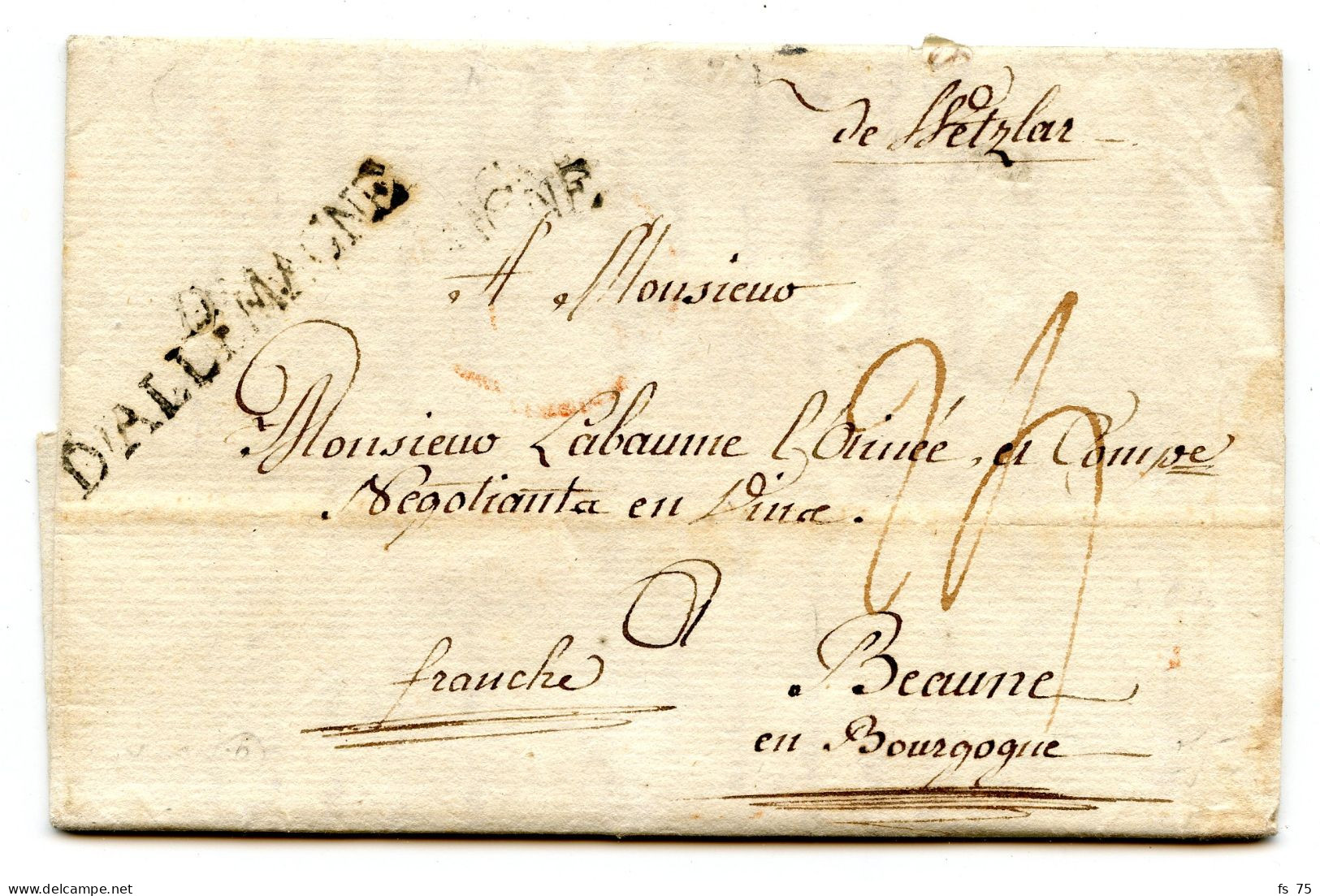 ALLEMAGNE - DE WETZLAR + D'ALLEMAGNE, 1792 - Préphilatélie