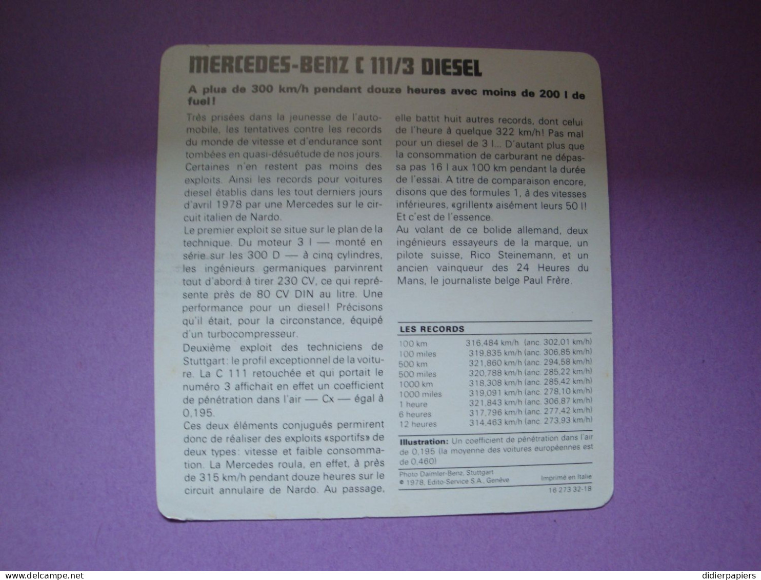 Automobilia Fiche Auto-Rallye 1978 Mercedes-Benz C 111/ 3 Allemagne - Voitures