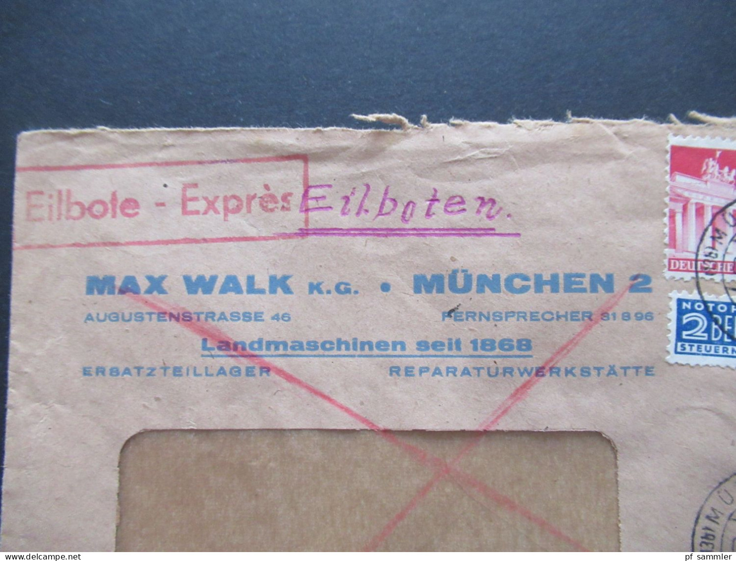 6.1949 Bizone Bauten Nr.85 (5) MeF Eilbote Expres Umschlag Max Walk KG München 2 Landmaschinen Seit 1868 - Lettres & Documents