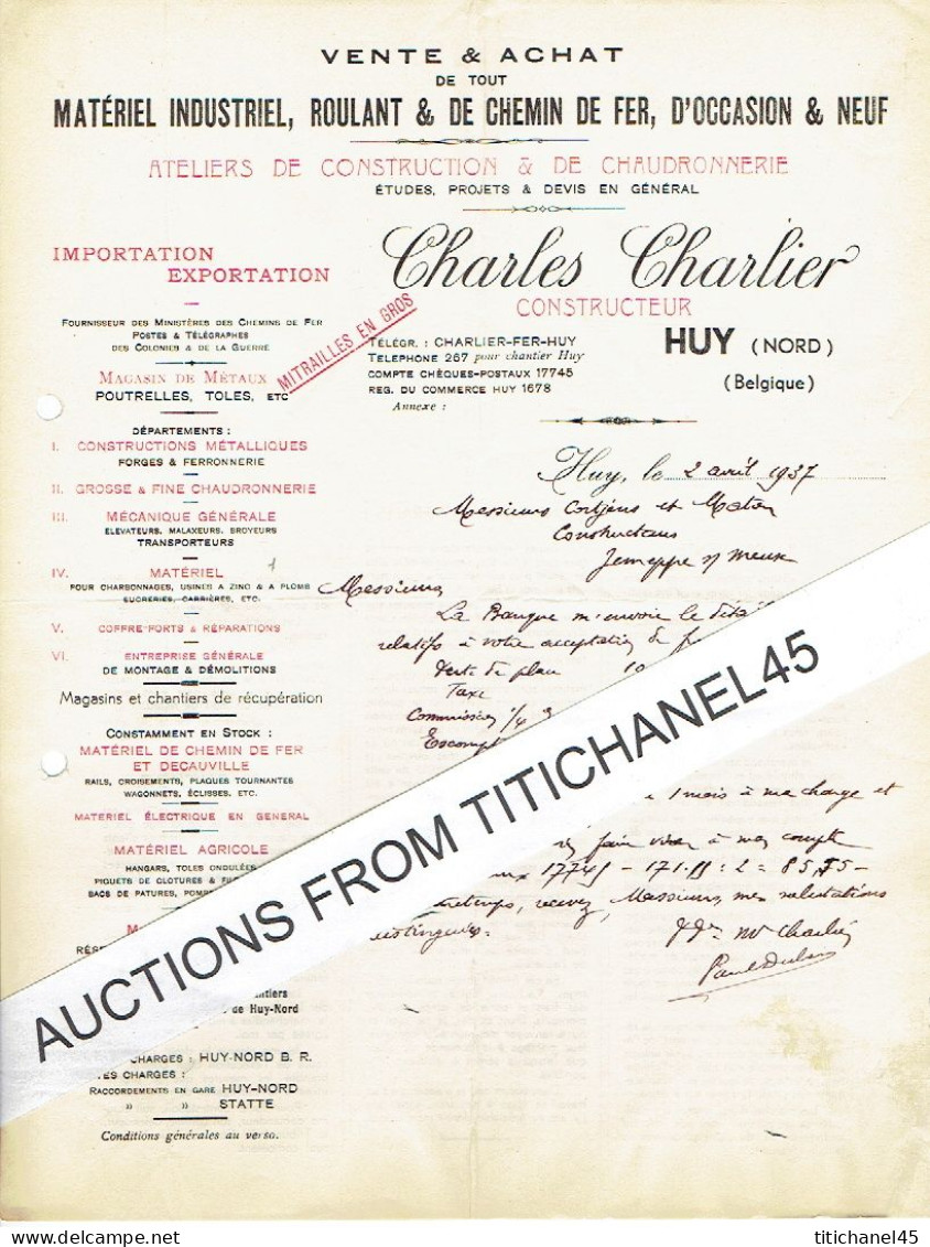 1937 HUY - CHARLES CHARLIER - Matériel De Chemin De Fer & Decauville, Rails, Wagonnets.... - Other & Unclassified