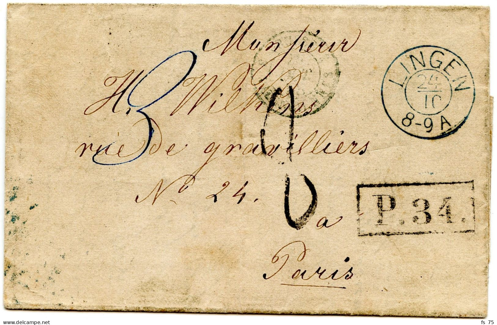 ALLEMAGNE - LINGEN + P.34. + TAXE 8 SUR LETTRE POUR PARIS, 1858 - Préphilatélie