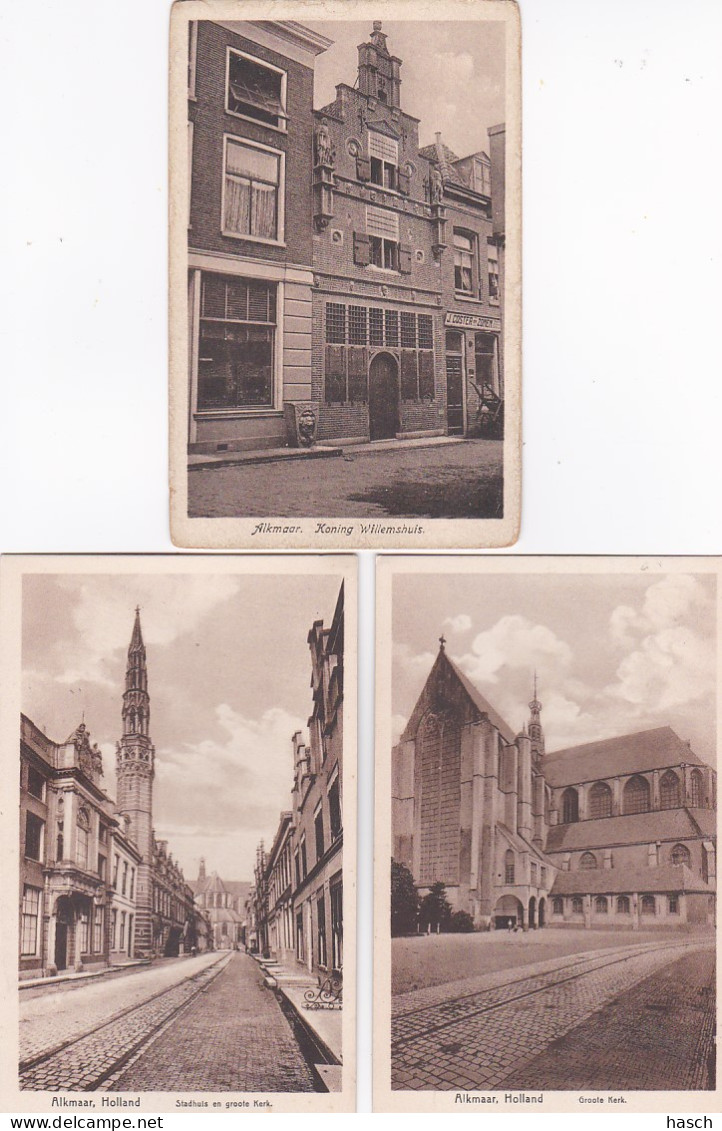 3765	80	Alkmaar, Stadhuis-Groote Kerk-Koning Willemshuis 3 Kaarten (zie Hoeken En Randen) - Alkmaar