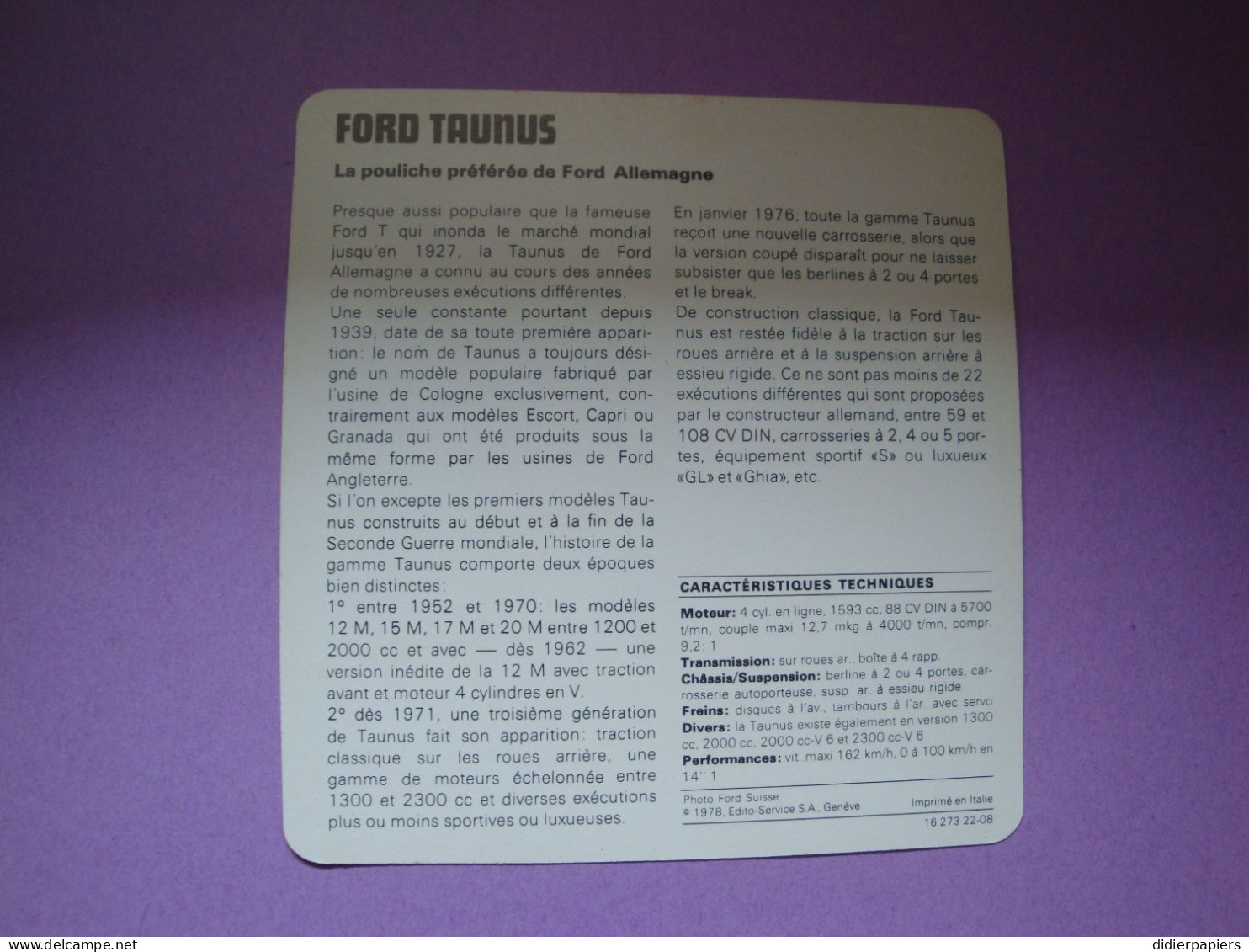 Automobilia Fiche Auto-Rallye 1978 Ford Taunus Allemagne - Voitures