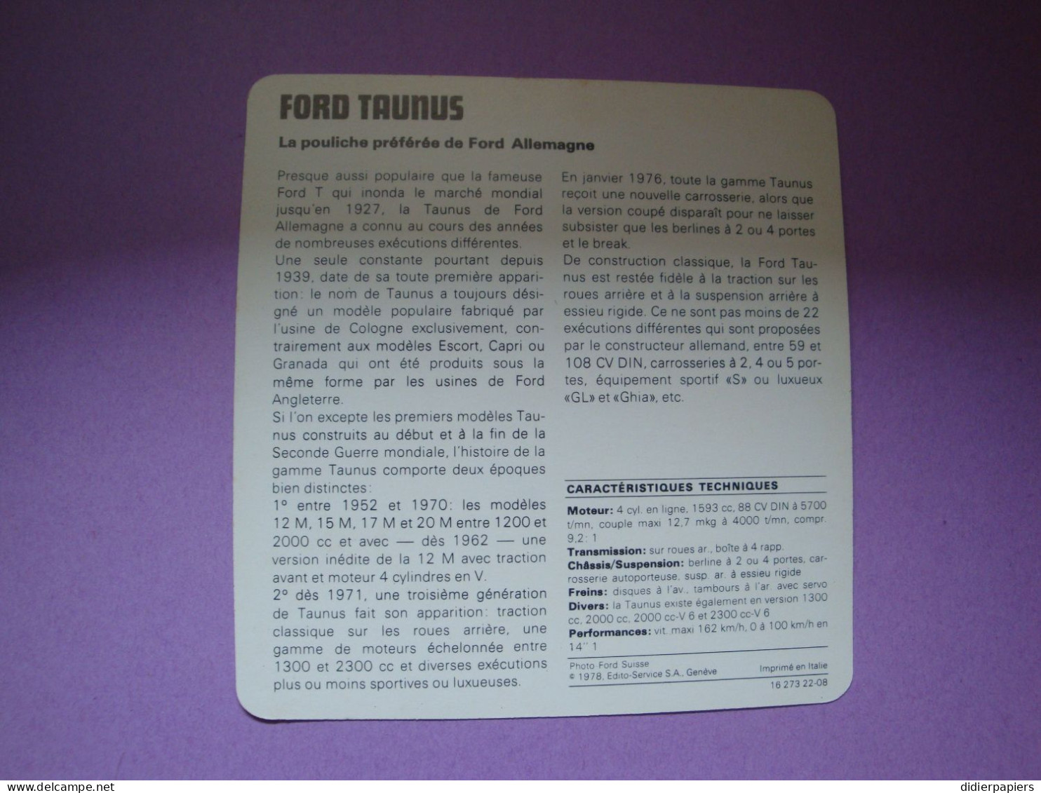 Automobilia Fiche Auto-Rallye 1978 Ford Taunus Allemagne - Auto's